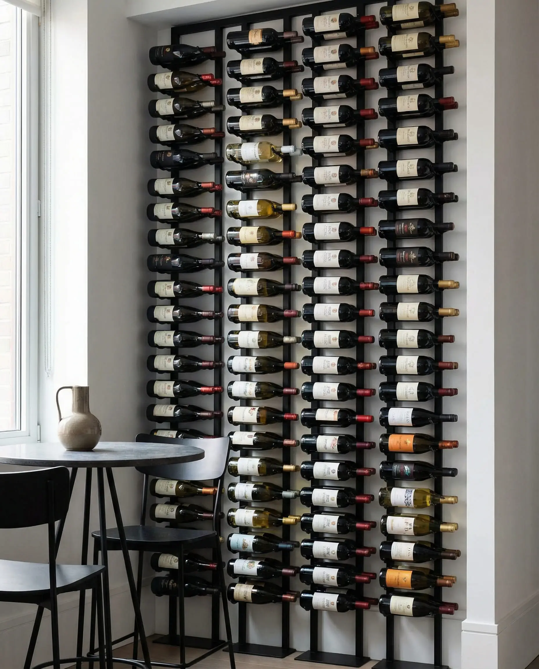 Modern dining room with a floor-to-ceiling black metal wine rack holding bottles horizontally.