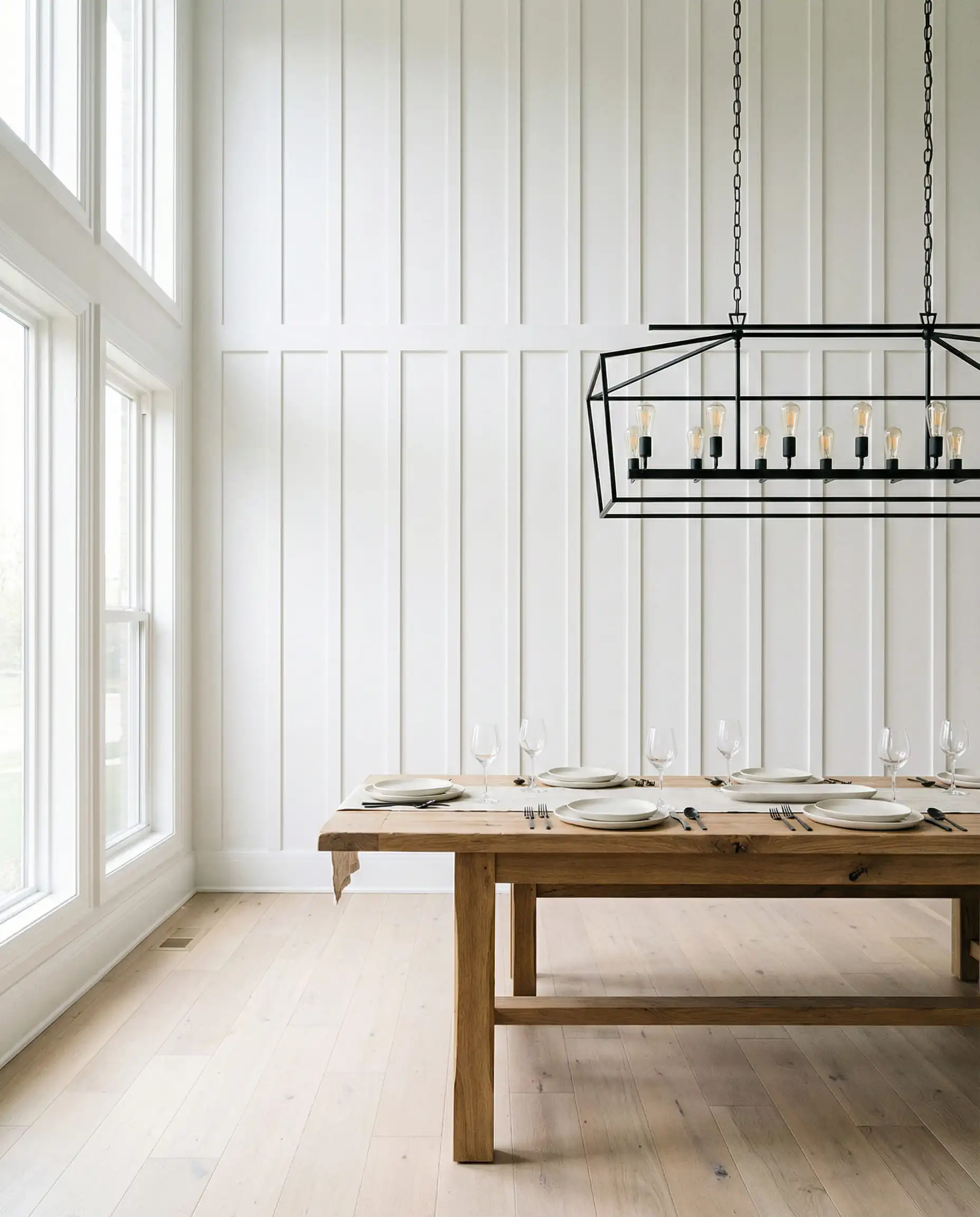 Sophisticated dining room with vertical rectangular grid board and batten wall painted white, featuring rustic oak table.