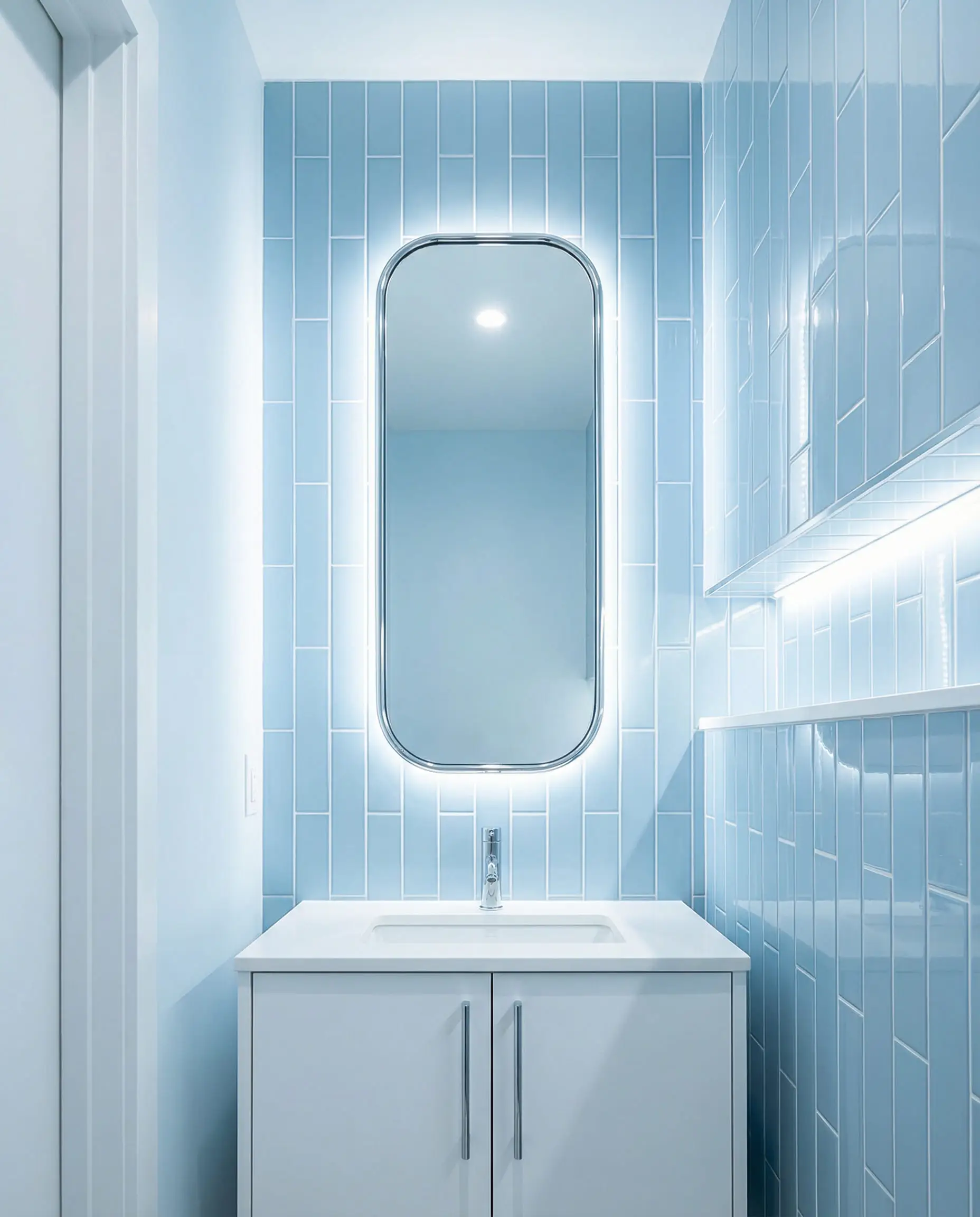 Small bathroom vanity wall with light blue tiles stacked vertically to increase perceived ceiling height.