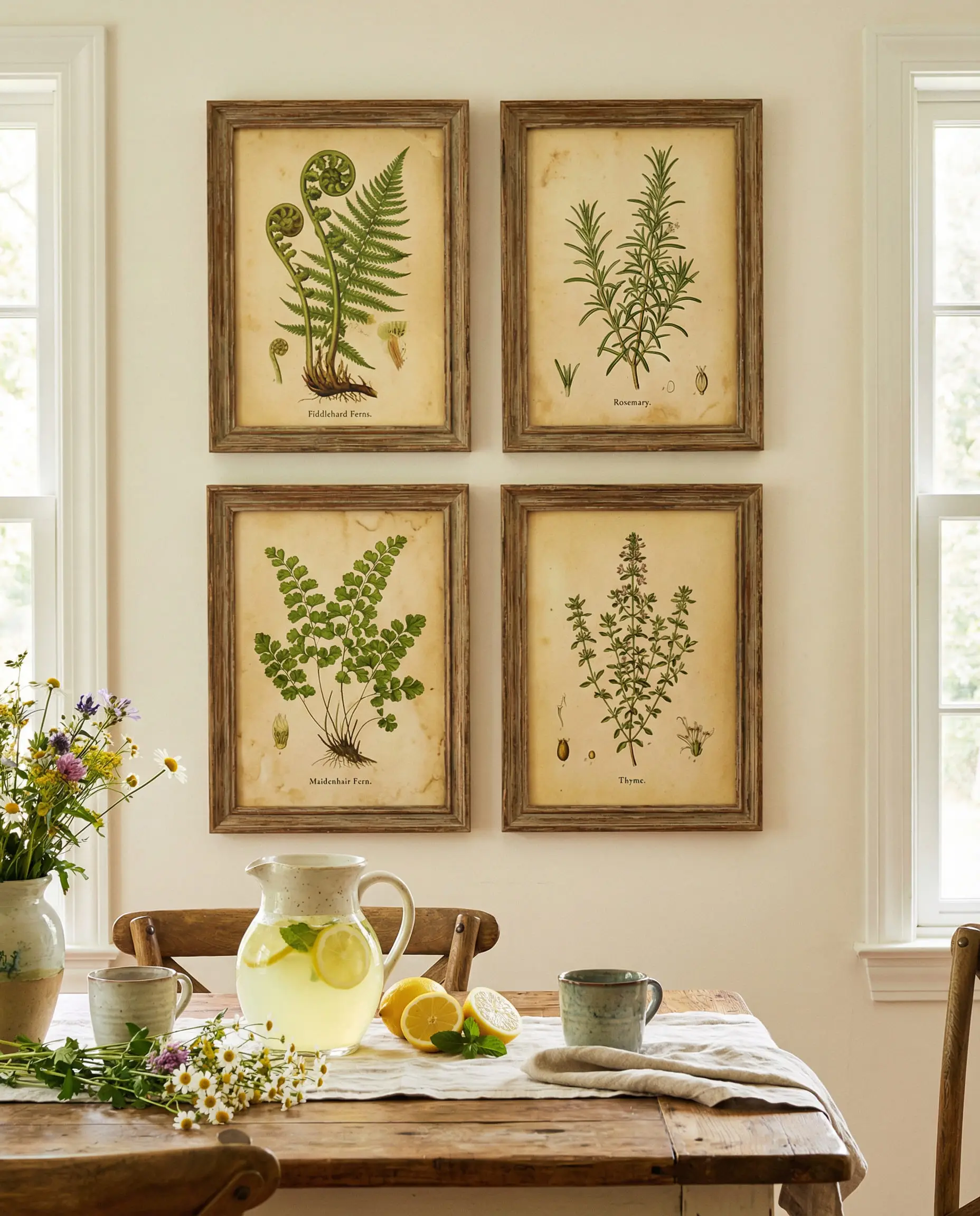 Farmhouse dining room with a grid gallery of four vintage botanical herb prints in wood frames.