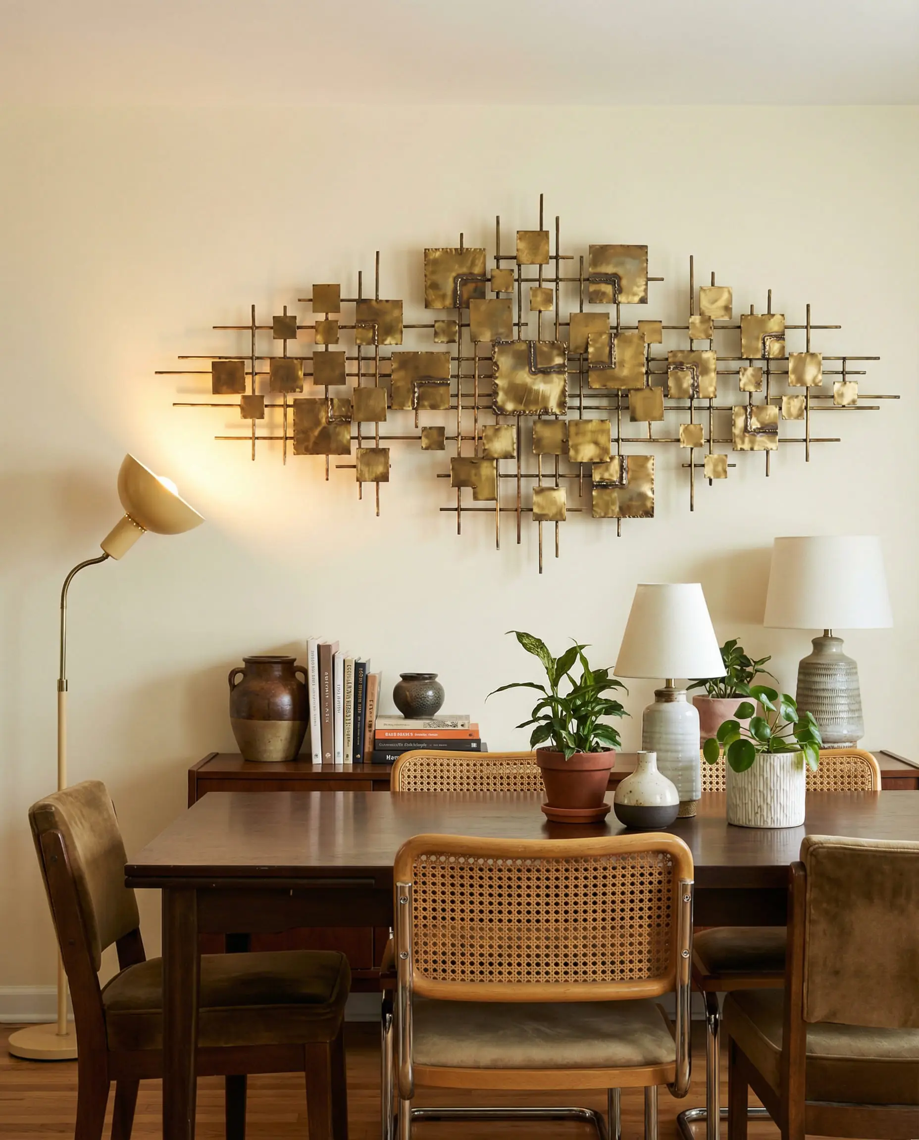 Sophisticated dining room with a welded brass brutalist wall sculpture.
