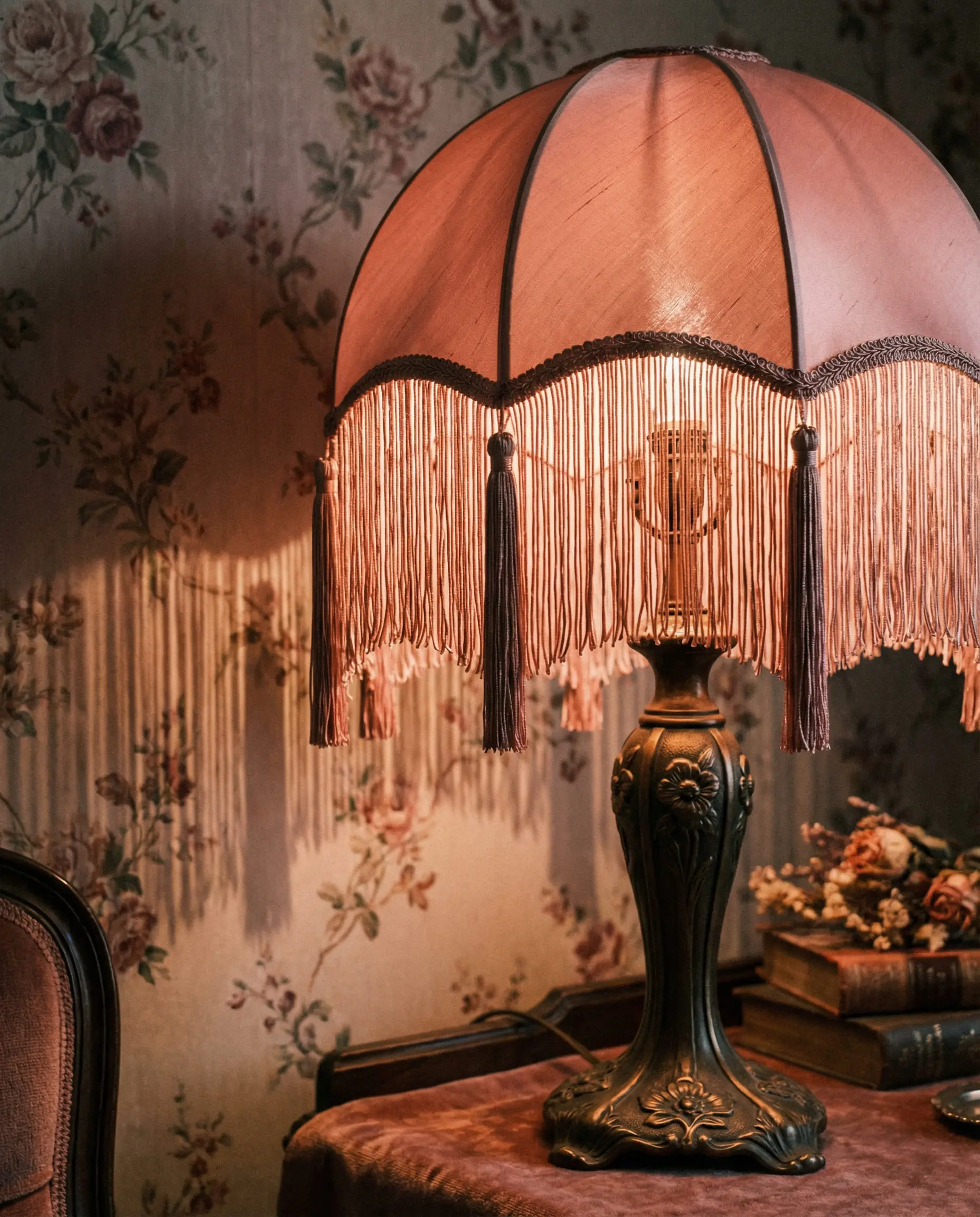 Detail of a Victorian-style table lamp with a long pink silk tassel fringe shade casting warm, linear shadows.