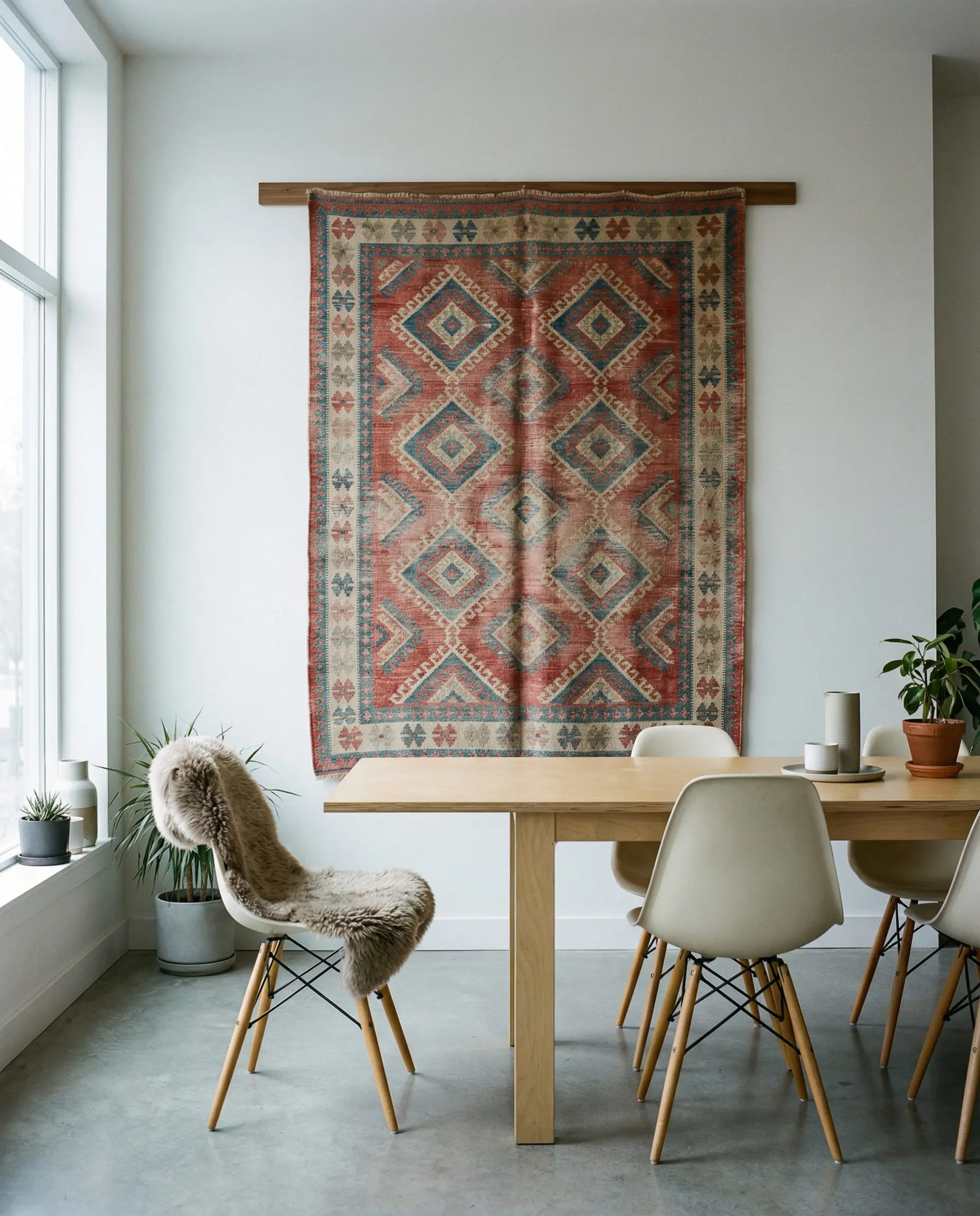 Nordic style dining space with a colorful vintage flat-weave Kilim rug mounted on the wall as art using a wooden rail.