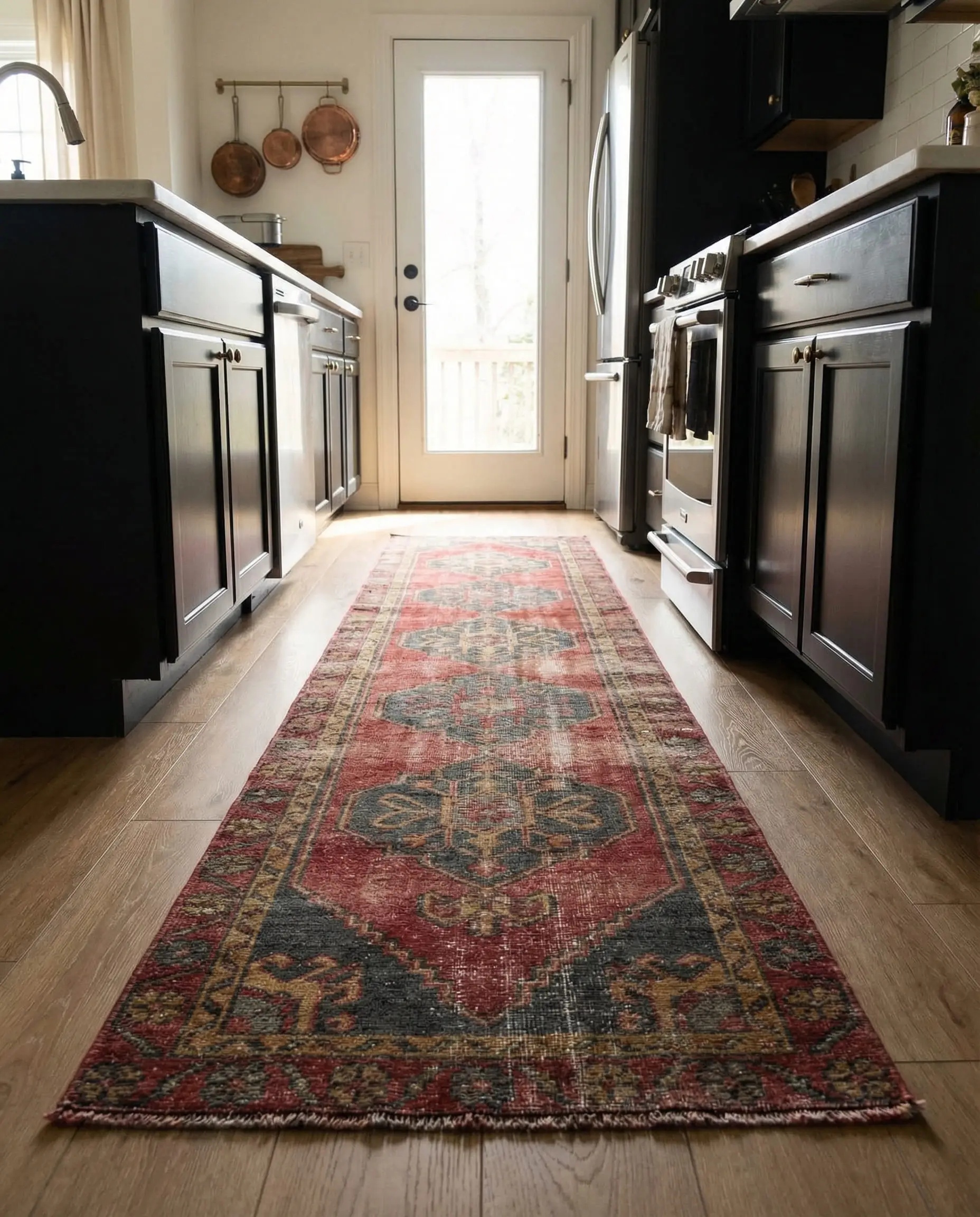Vintage red and gold runner rug in a black galley kitchen with light oak floors.