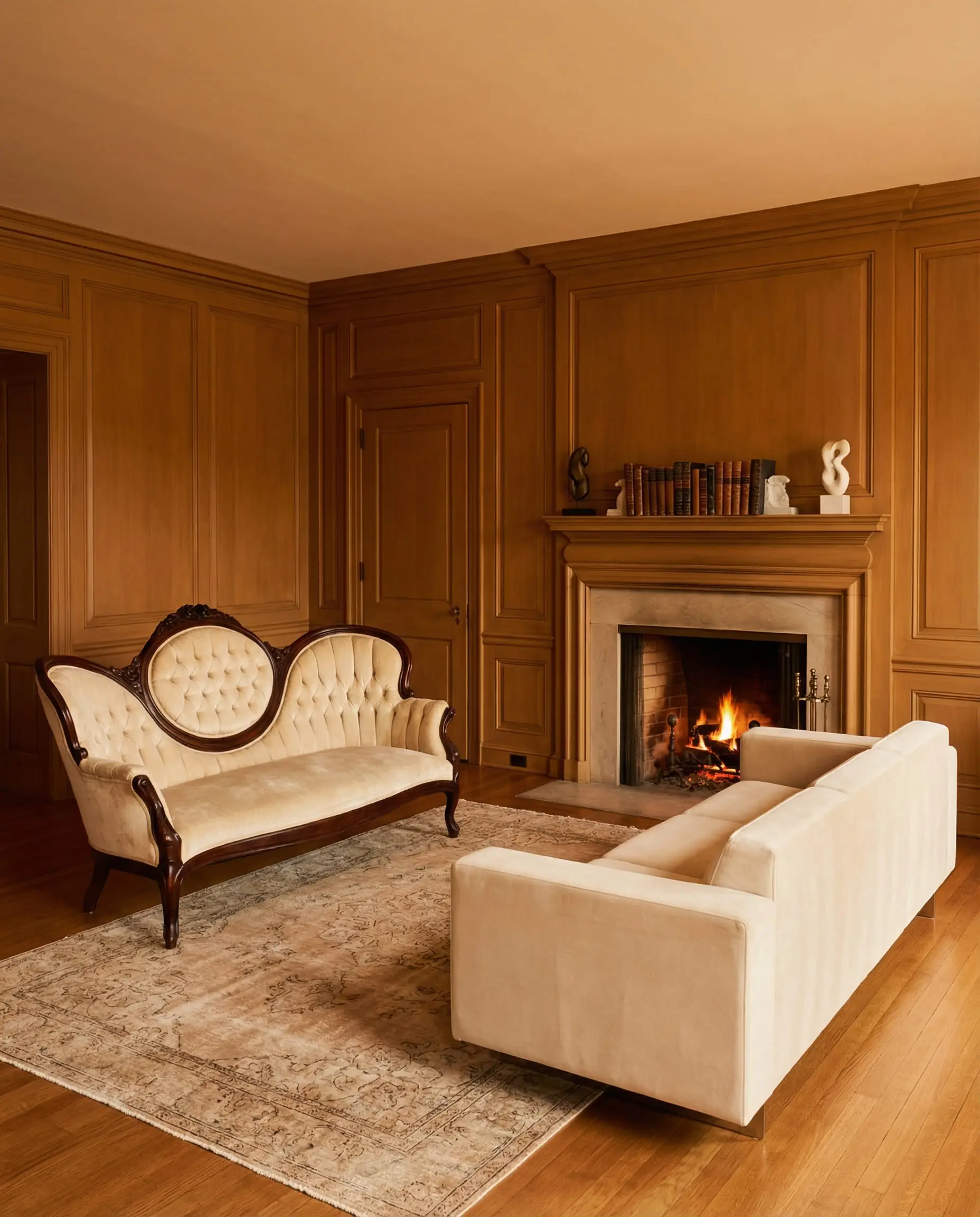 A transitional living room mixing an antique cream Victorian sofa with a sleek modern Italian sofa in matching fabric.