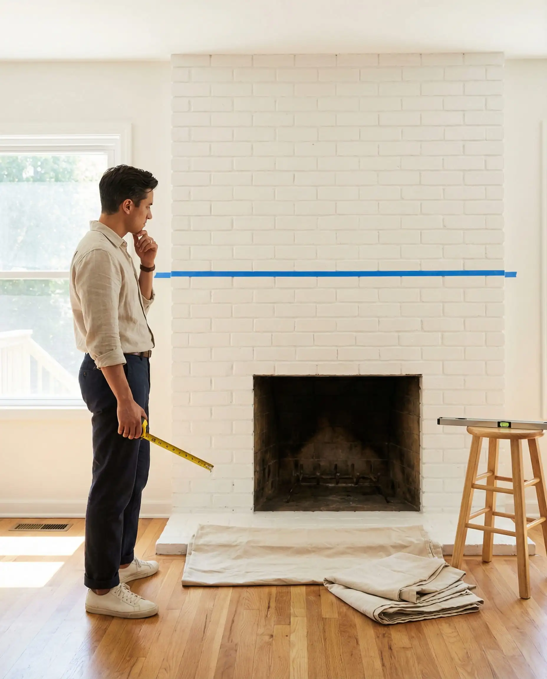 Homeowner standing back to evaluate a strip of blue painter's tape on a fireplace wall, simulating the 54-inch mantel height before drilling.