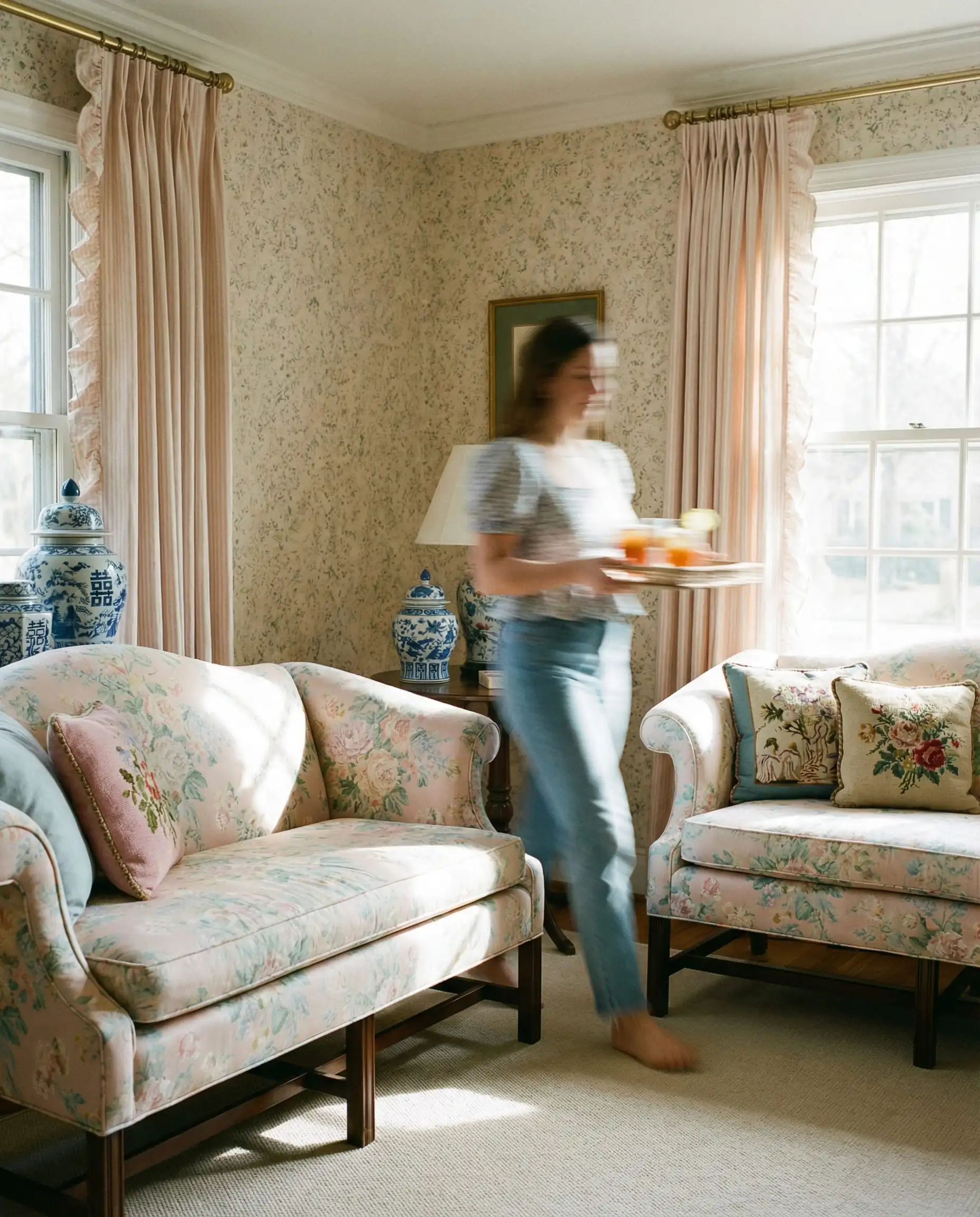 Lifestyle shot of a person walking comfortably past a floral loveseat in a small, sunny living room.