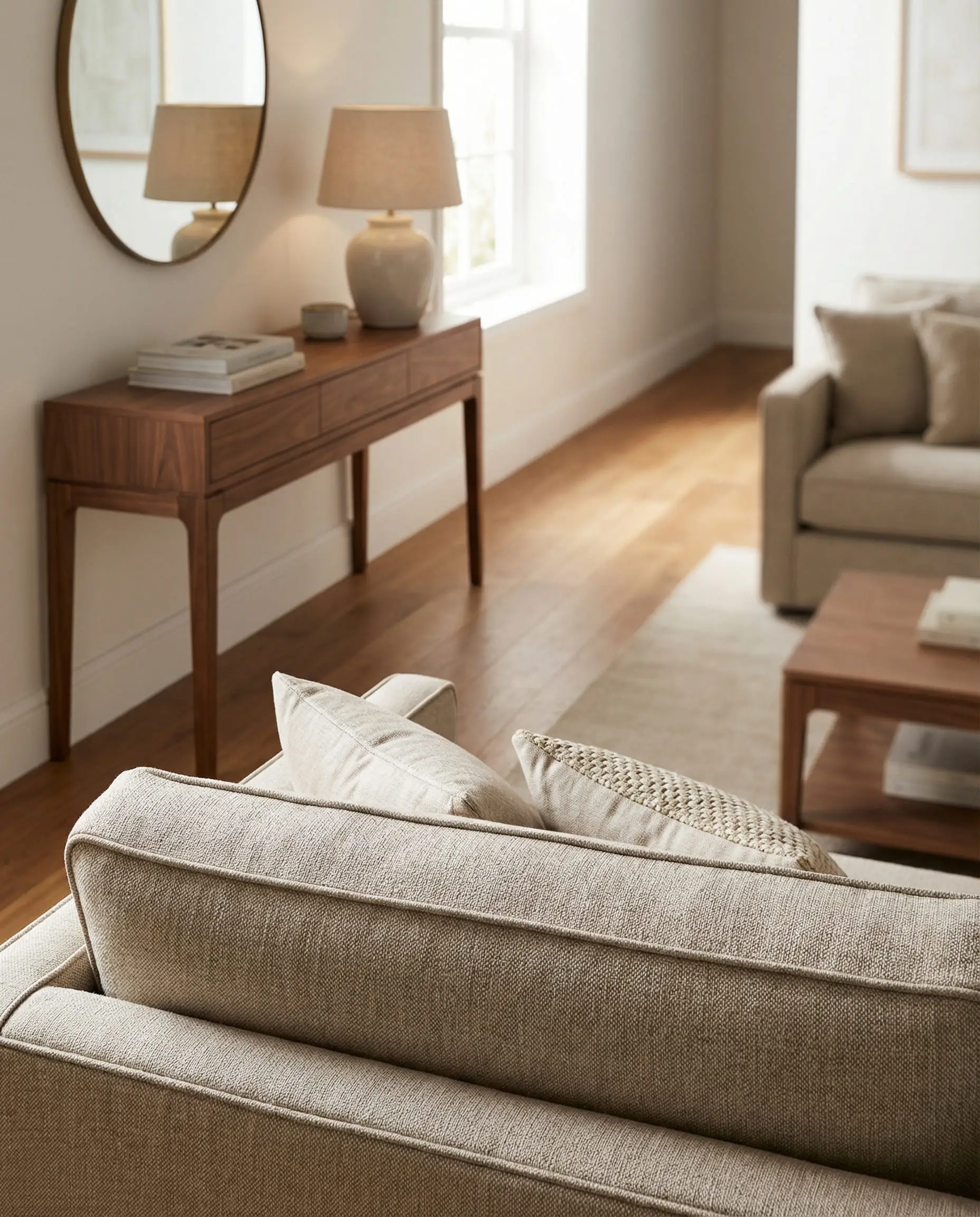 View from behind a beige sofa showing the walkway clearance between the furniture and the console table against the wall.