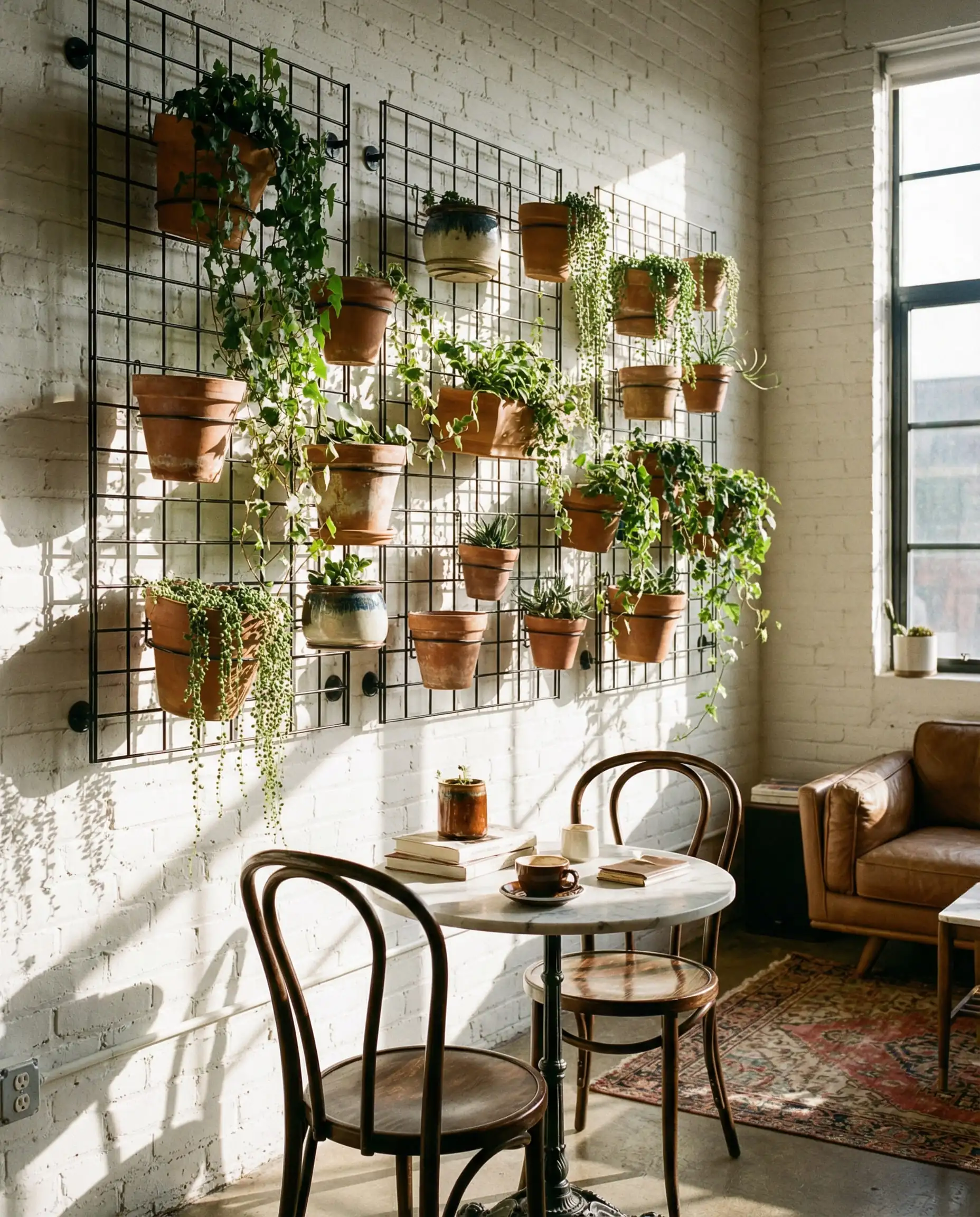 Urban loft dining area with a black metal grid system on the wall holding terracotta pots with trailing ivy.