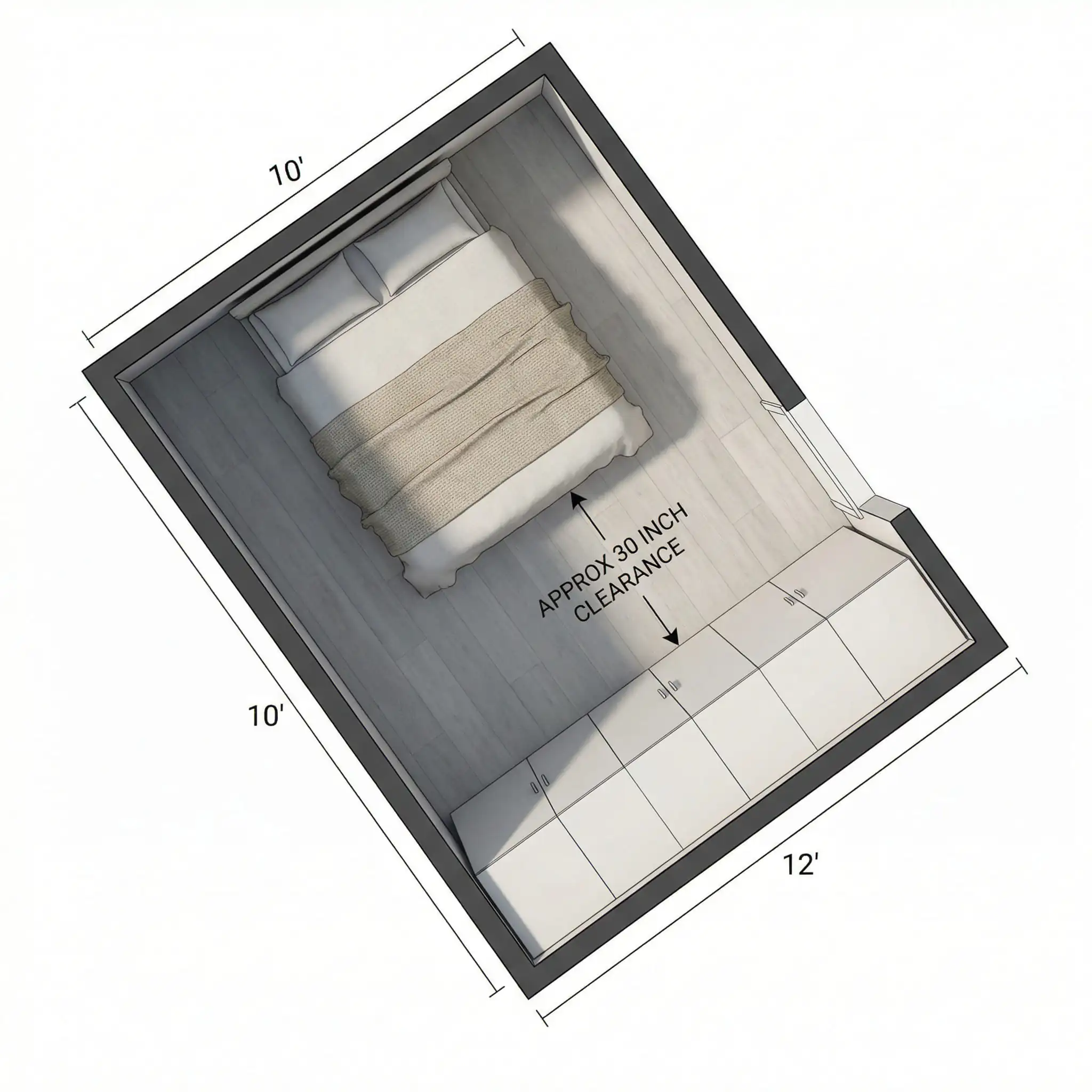 Floor plan of 10x12 bedroom with a full wall of built-in PAX-style wardrobes.