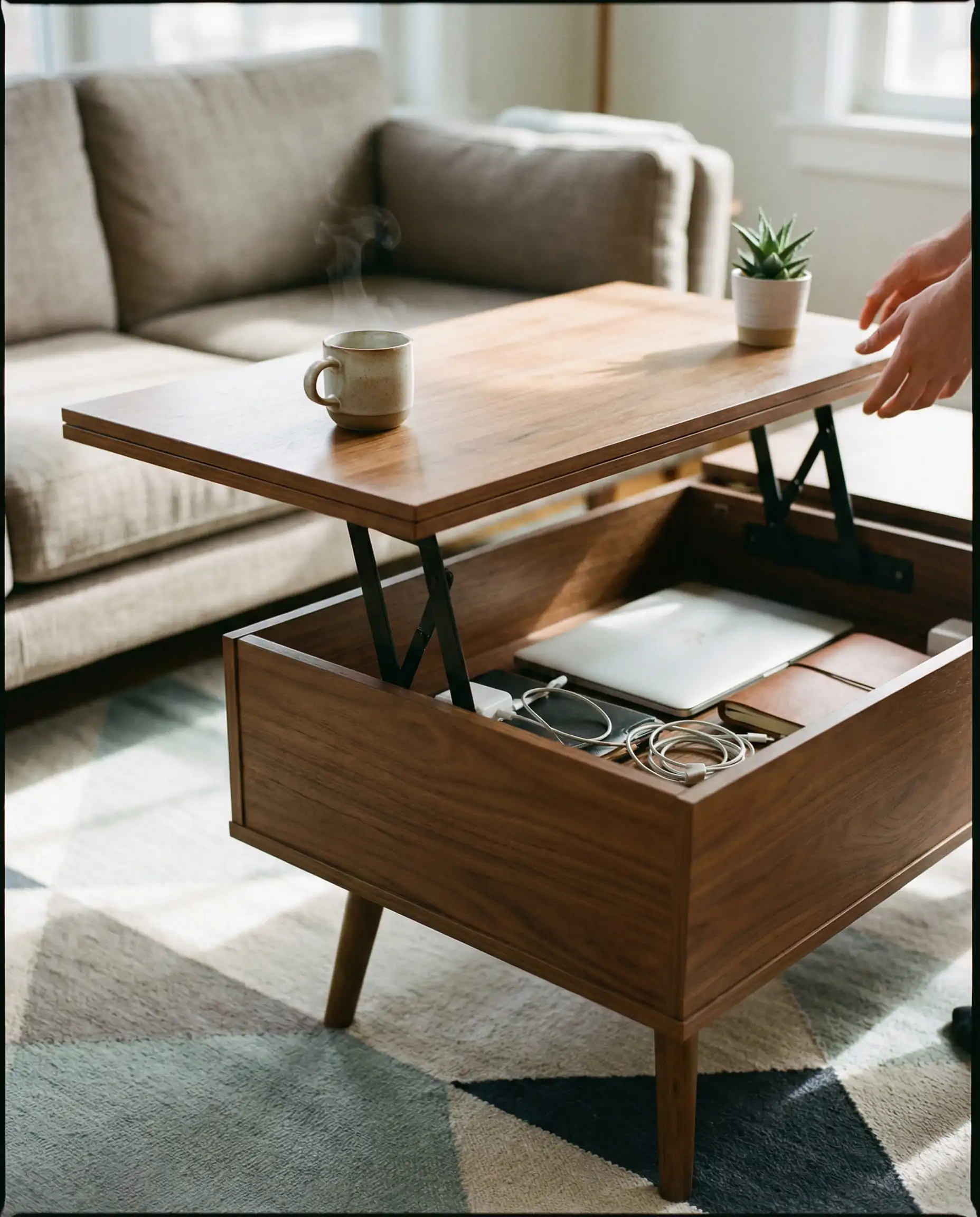 Mid-century modern walnut lift-top coffee table transformed into a desk with hidden storage compartment.