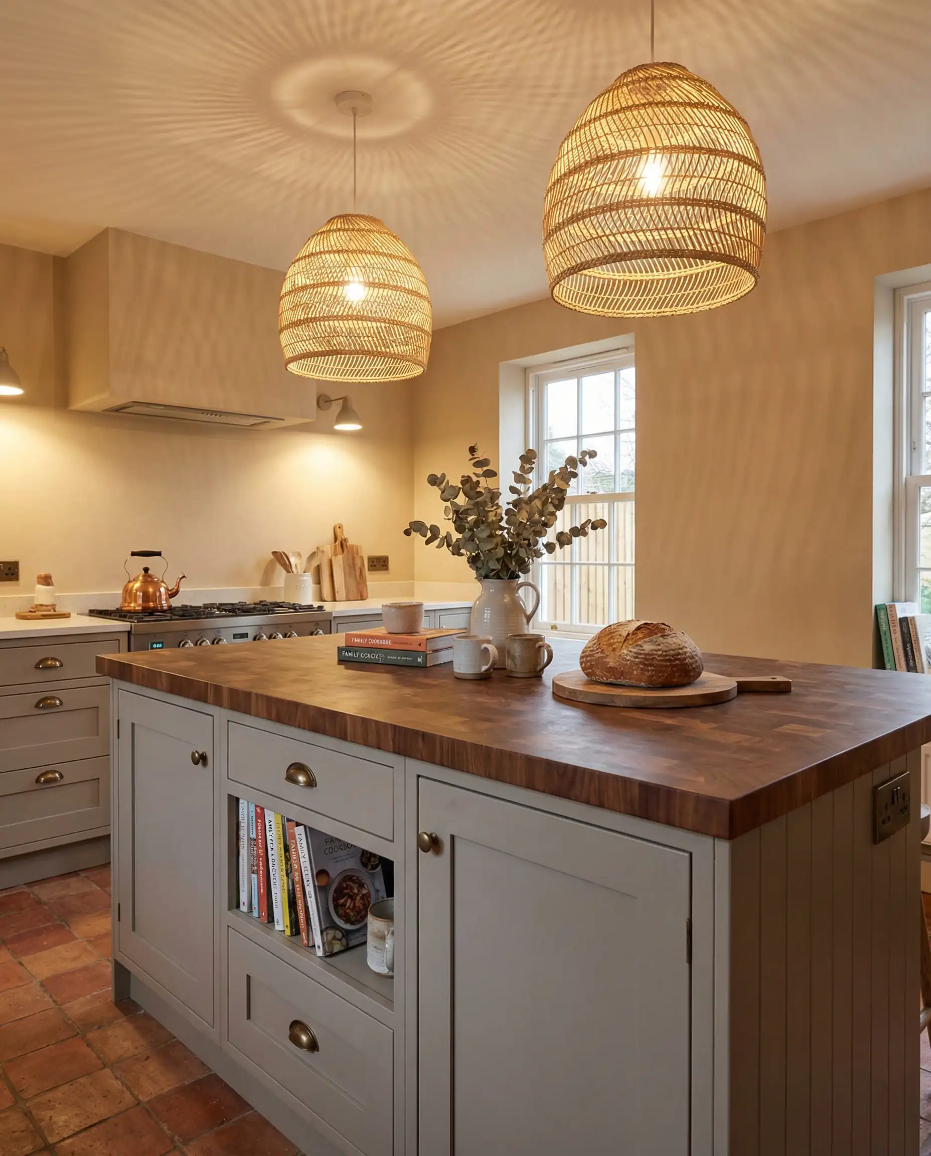 Family kitchen featuring a warm gray island with butcher block top, beige walls, and woven rattan pendant lights.