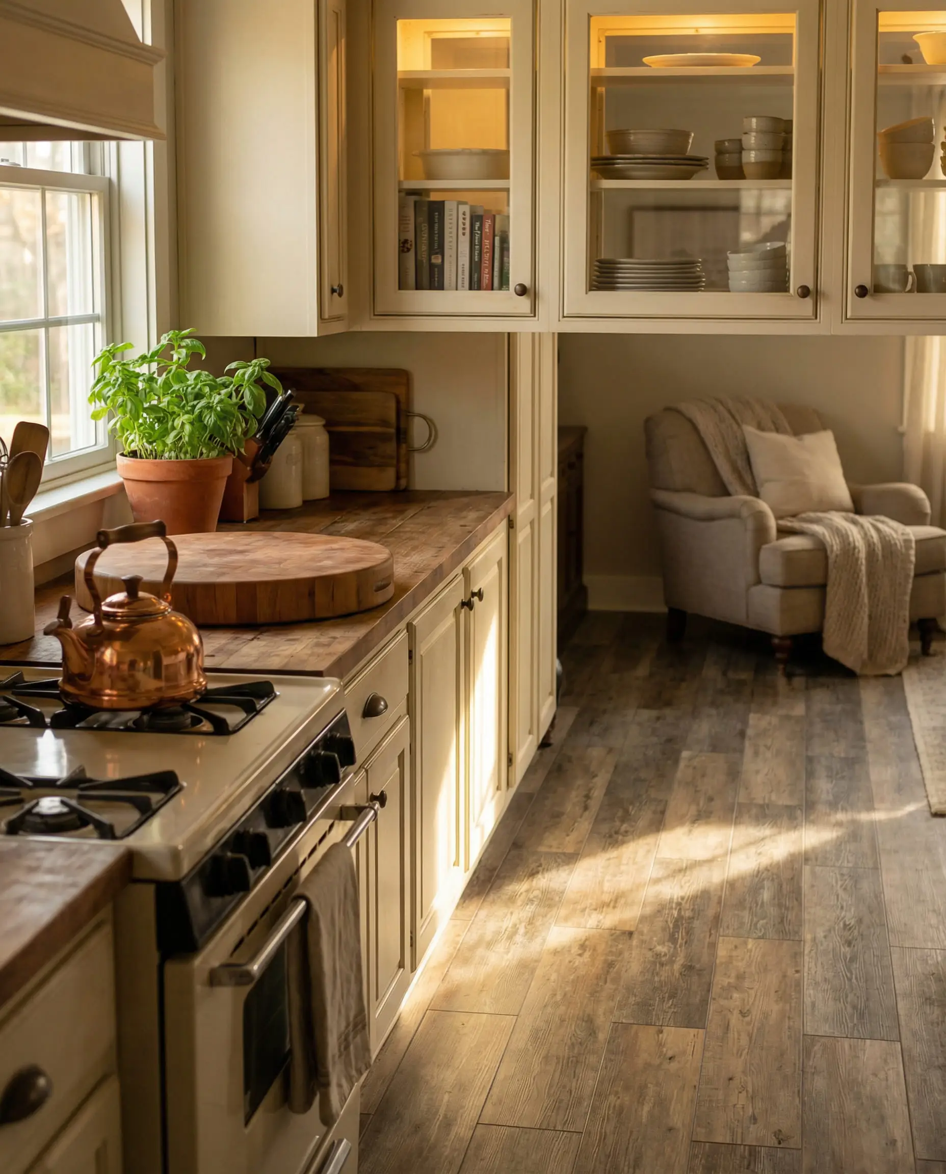 Transitional kitchen corner showing warm gray luxury vinyl plank flooring with brown undertones next to creamy Alabaster white cabinets.