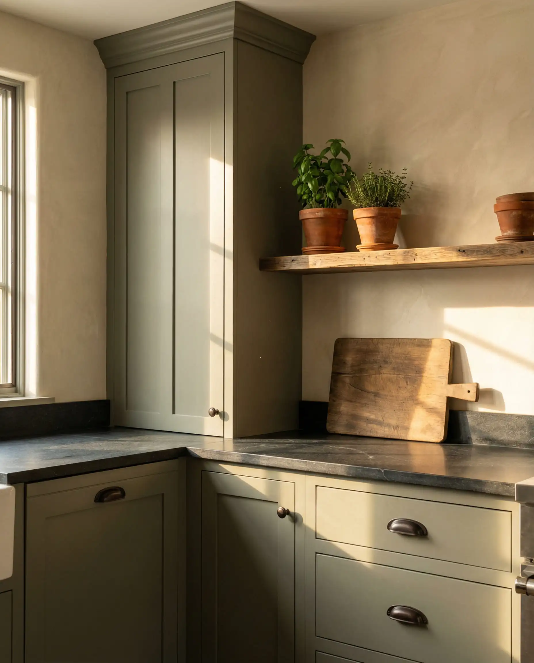 Organic modern kitchen with warm green-gray (putty) cabinets, textured beige plaster walls, and rustic wooden styling elements.