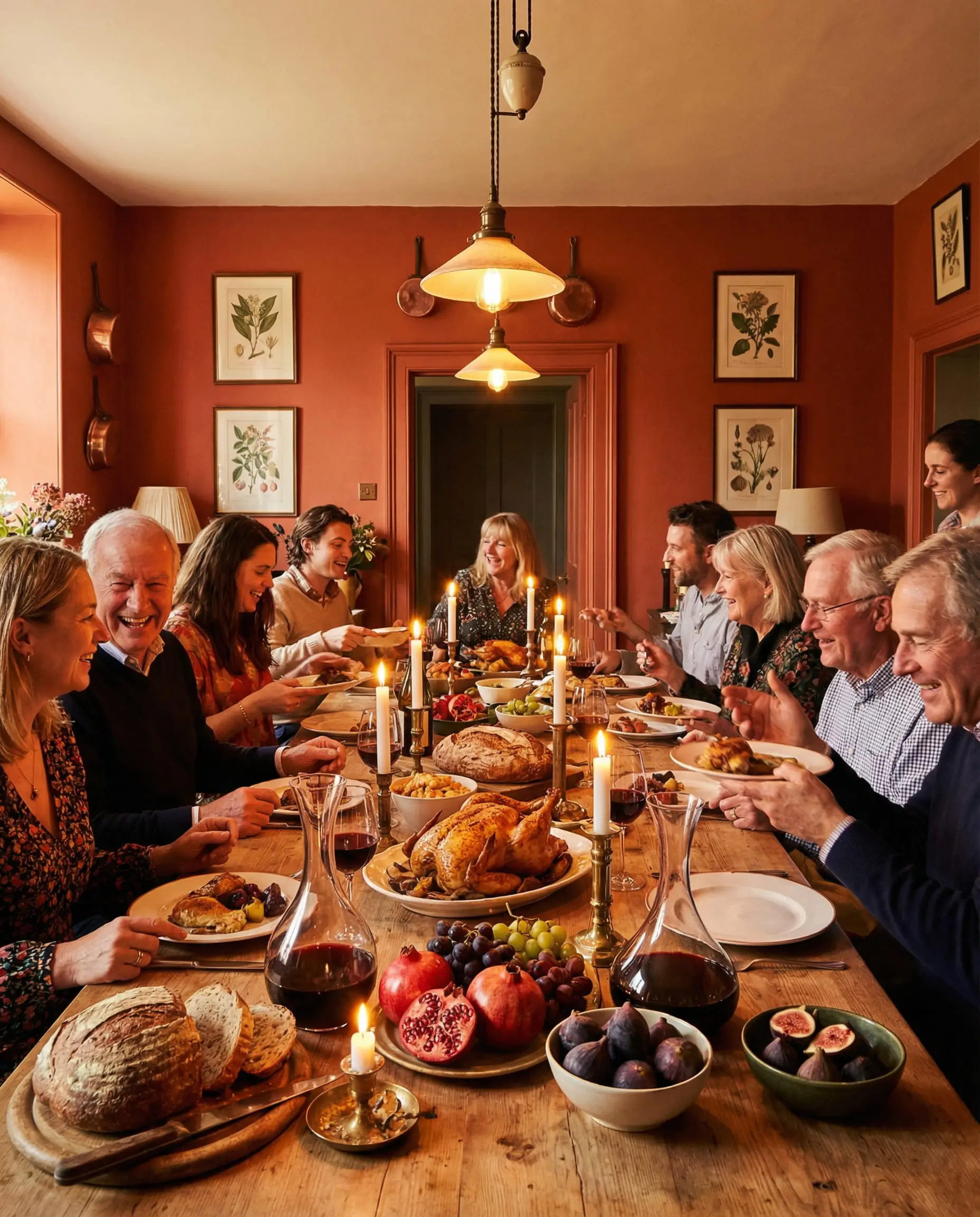 Dining room painted in warm terracotta to stimulate appetite and conversation.