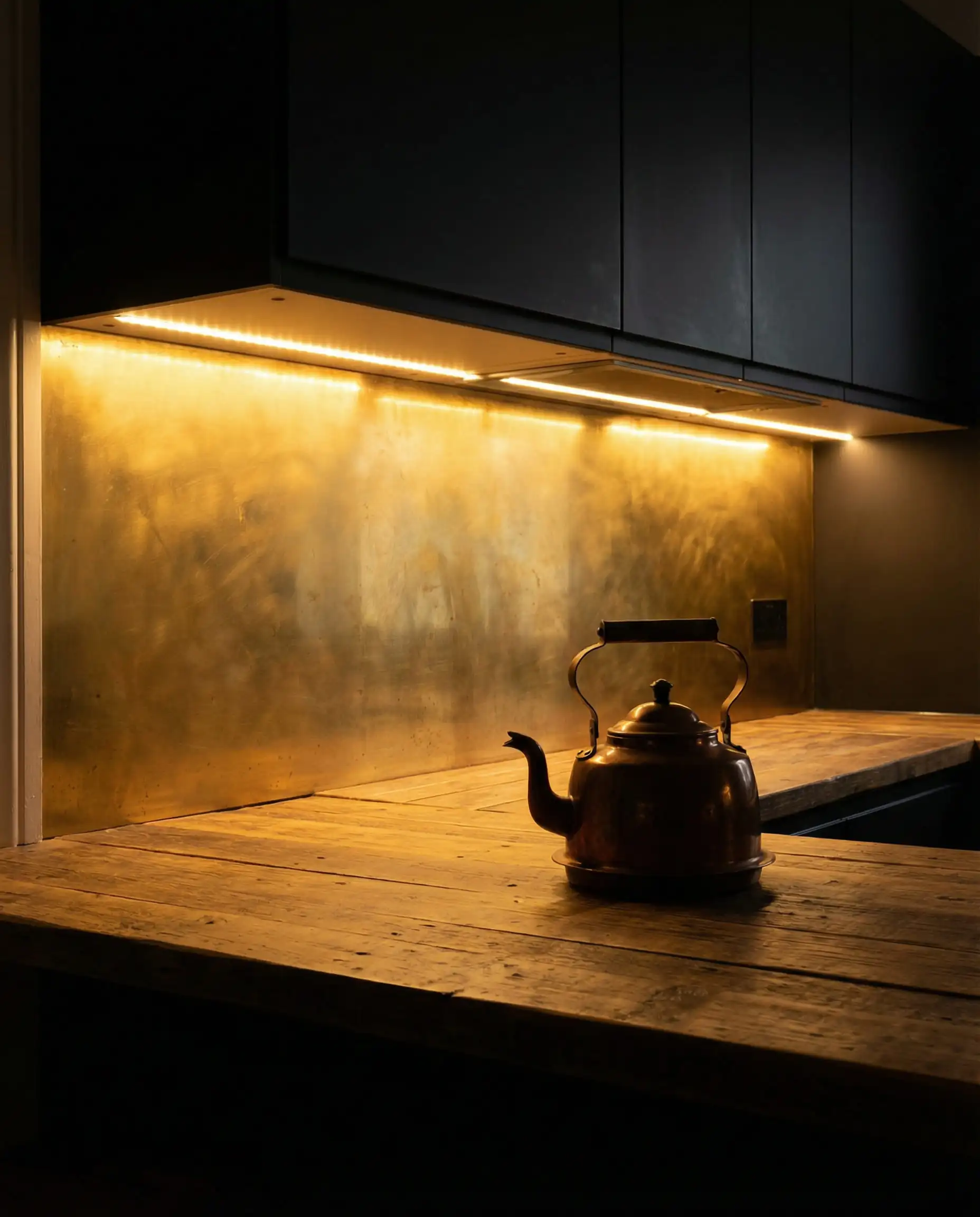 Warm LED under-cabinet lighting illuminating a brass backsplash in a dark kitchen at dusk.
