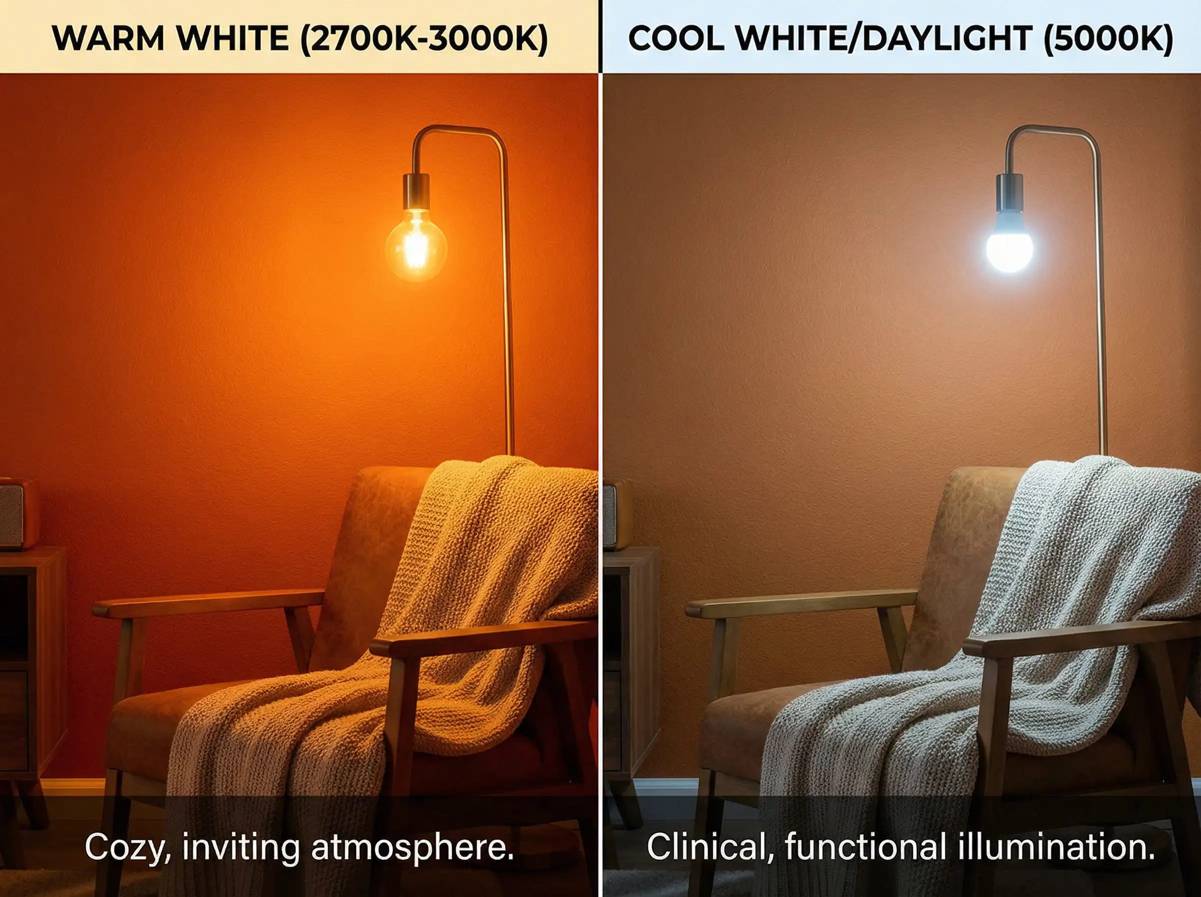 Side-by-side comparison of an orange wall lit by 3000K warm bulbs (glowing red) vs 5000K cool bulbs (muddy brown).