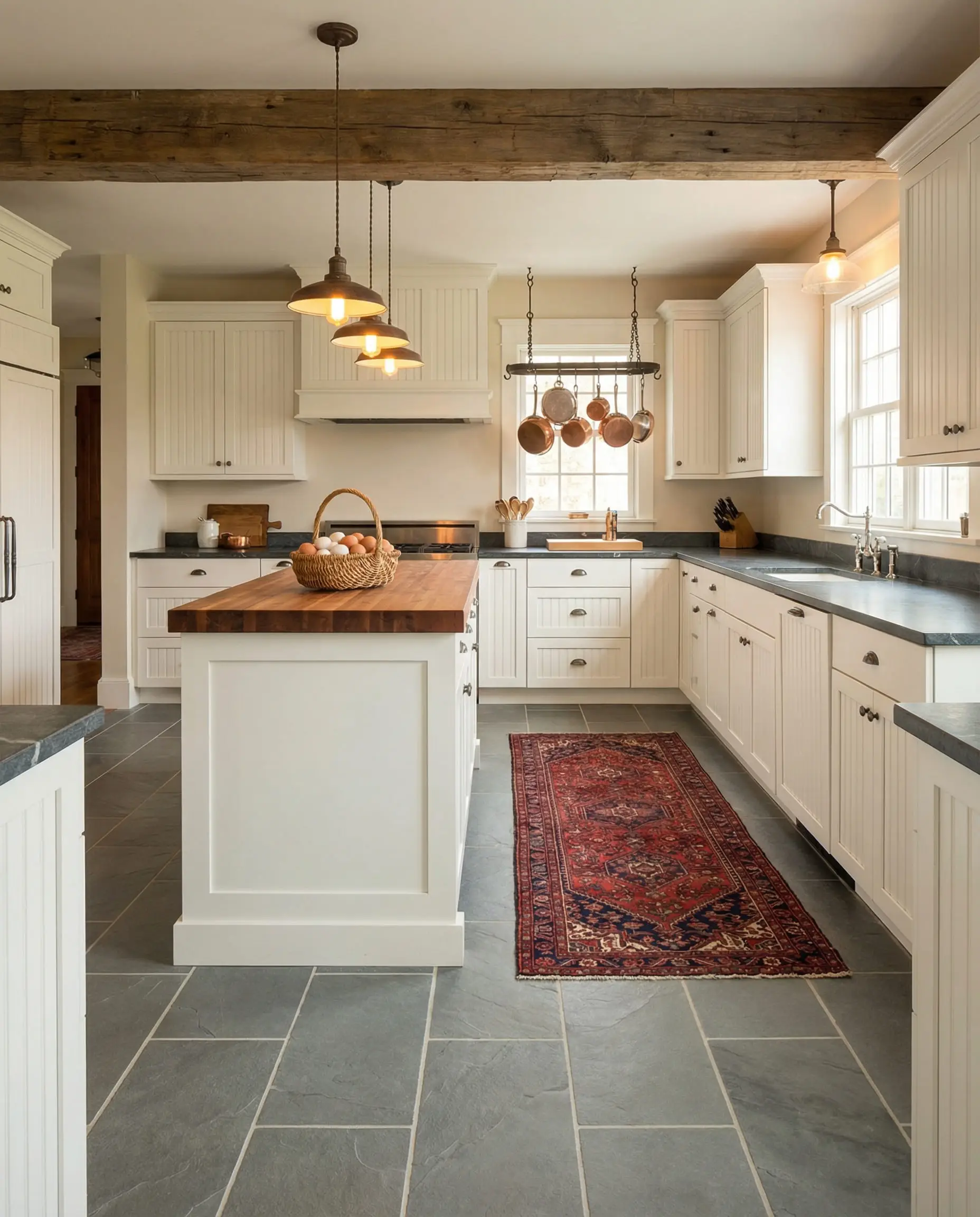 Modern farmhouse kitchen with white beadboard cabinetry and rustic gray slate tiles in a running bond pattern.