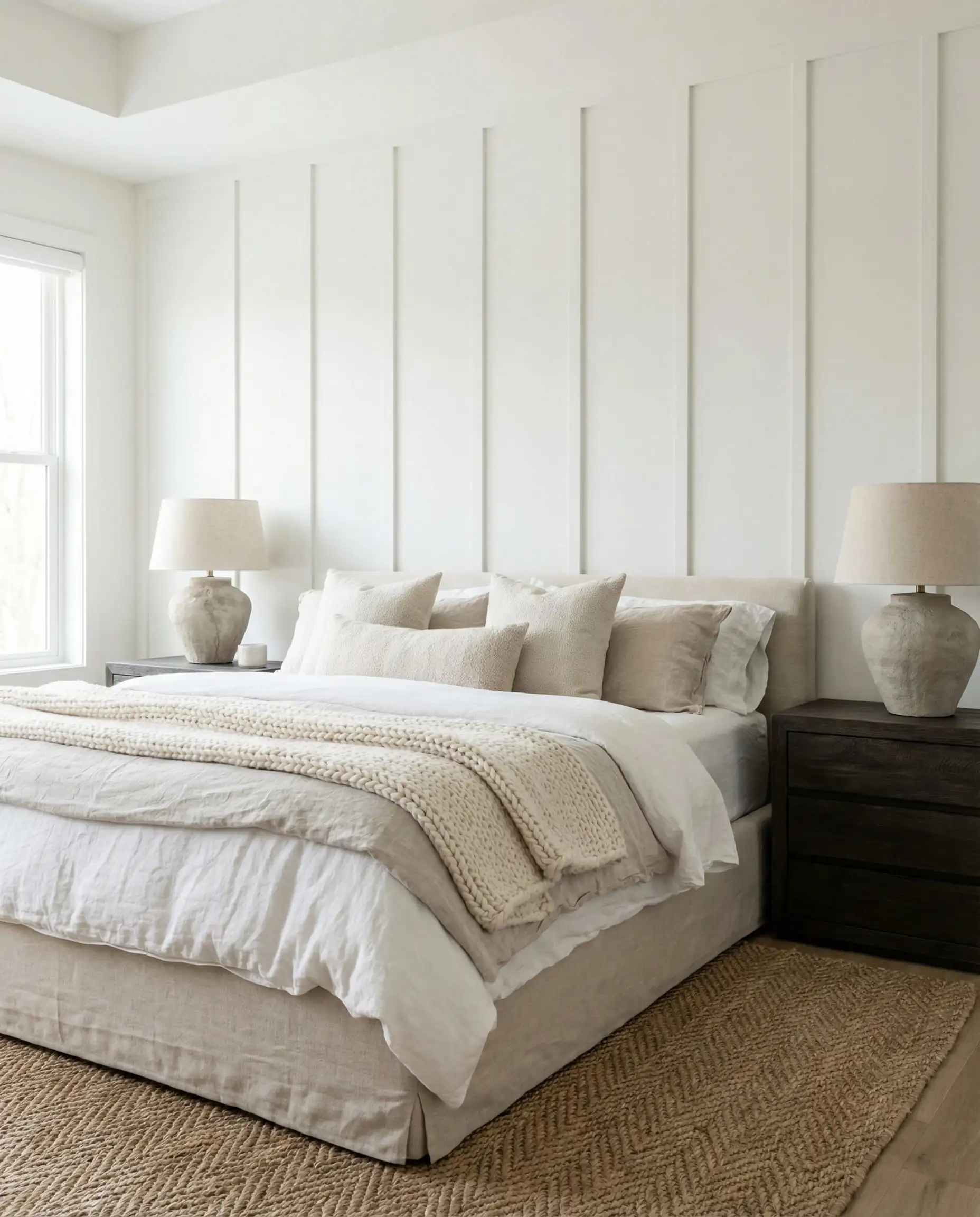 Serene master bedroom with full height white vertical board and batten wall acting as a headboard alternative.