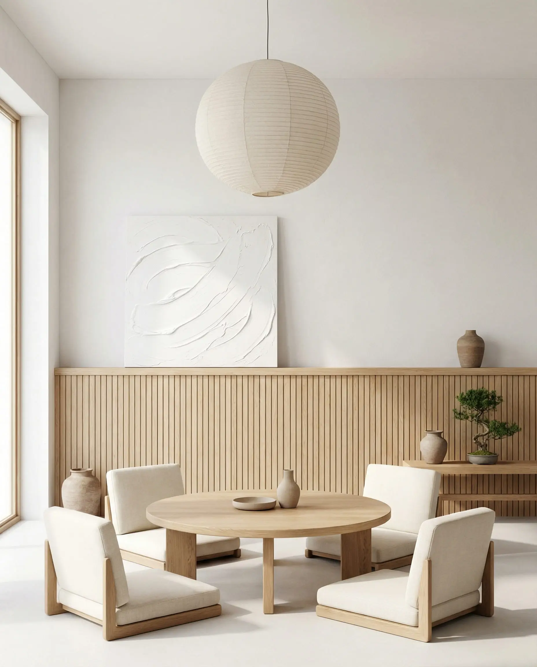 Japandi dining room featuring a large white-on-white textured impasto canvas.