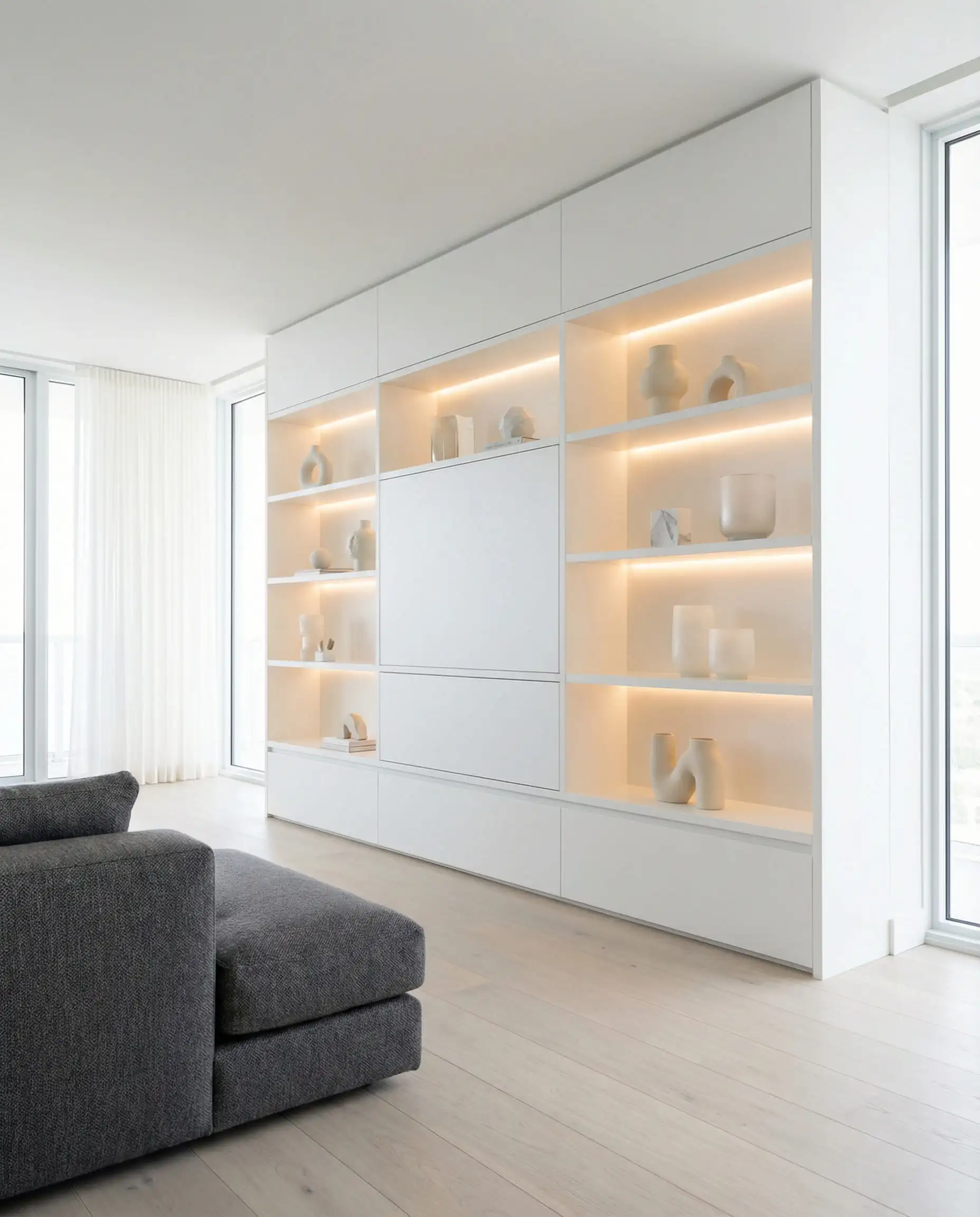Sleek white modern wall unit with recessed LED shelf lighting and minimalist decor items.
