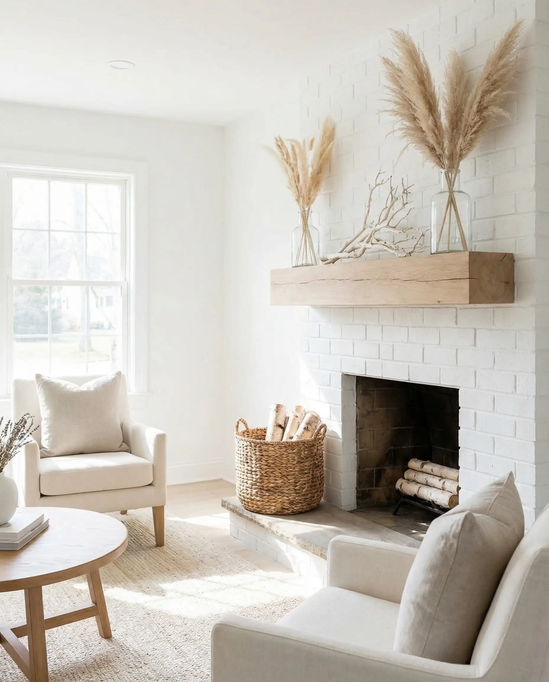 Modern farmhouse fireplace featuring a floating white oak box beam mantel on a white brick wall.