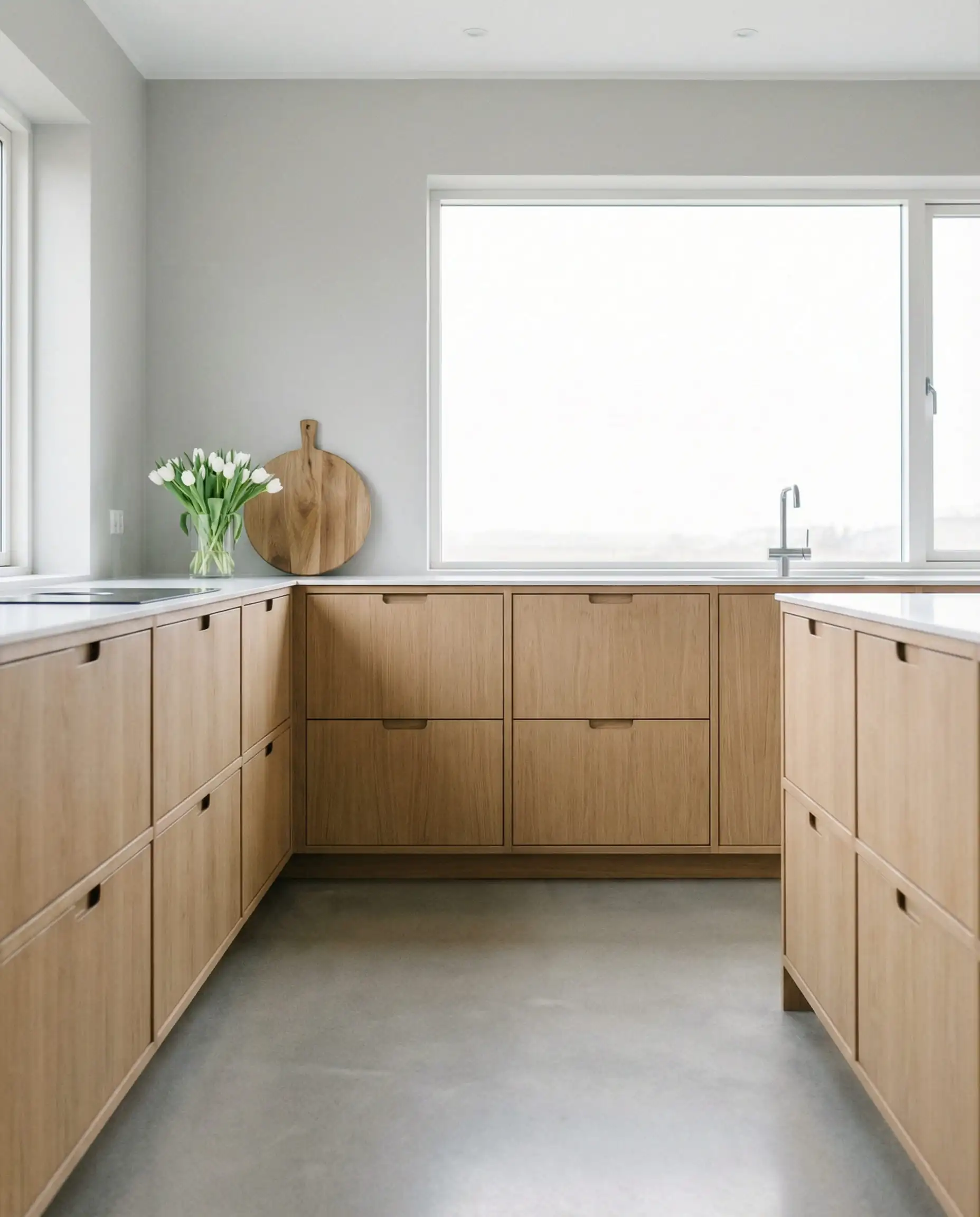 Scandinavian kitchen with natural white oak cabinets and polished light gray concrete floors.