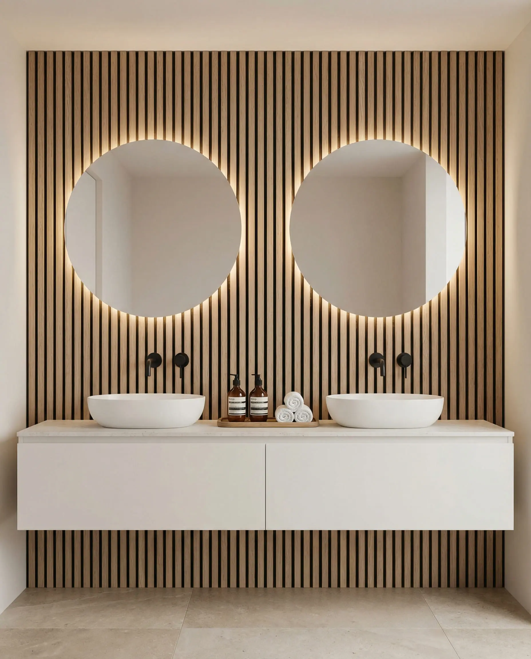 Symmetrical bathroom vanity with vertical white oak wood slat accent wall and backlit round mirrors in a Japandi style.