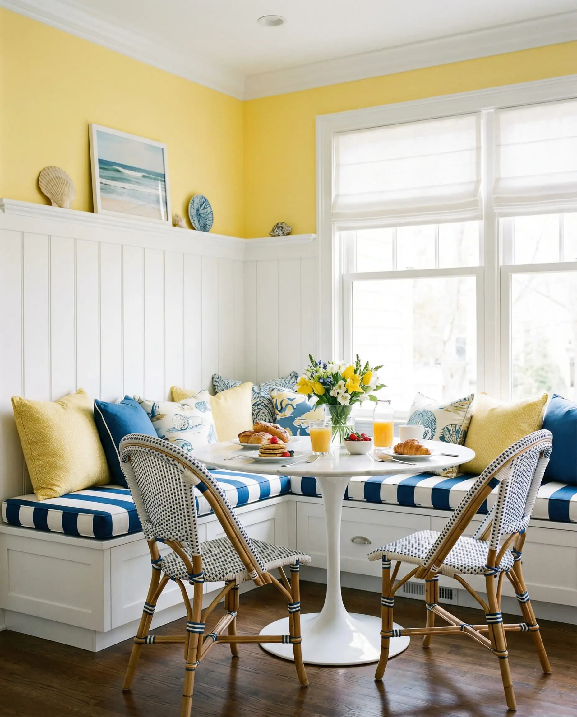 Coastal breakfast nook with white vertical board and batten lower wall and sunny yellow upper wall with built-in bench.