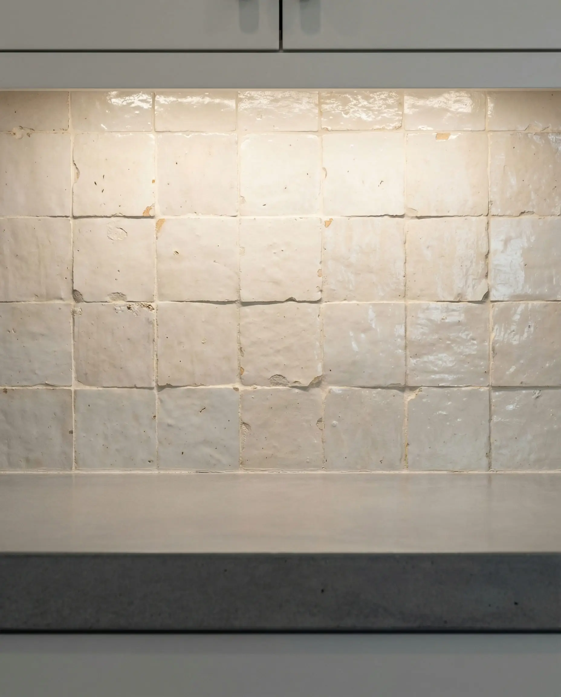 Creamy white handcrafted Zellige tile backsplash paired with gray quartz countertops.