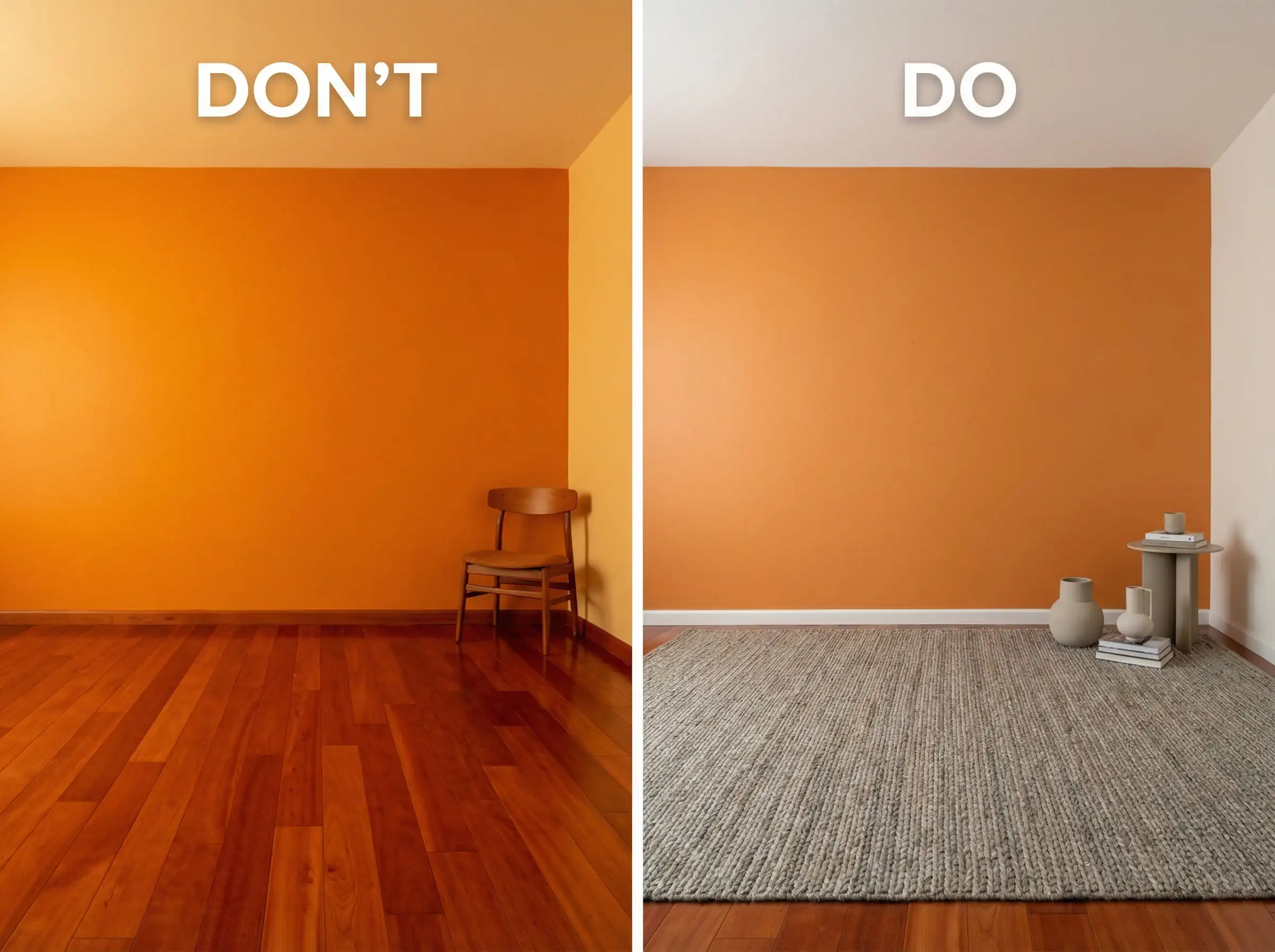 Split image showing a design mistake: Orange wall clashing with cherry wood floor (Left) vs the fix: using a neutral grey rug to separate them (Right).