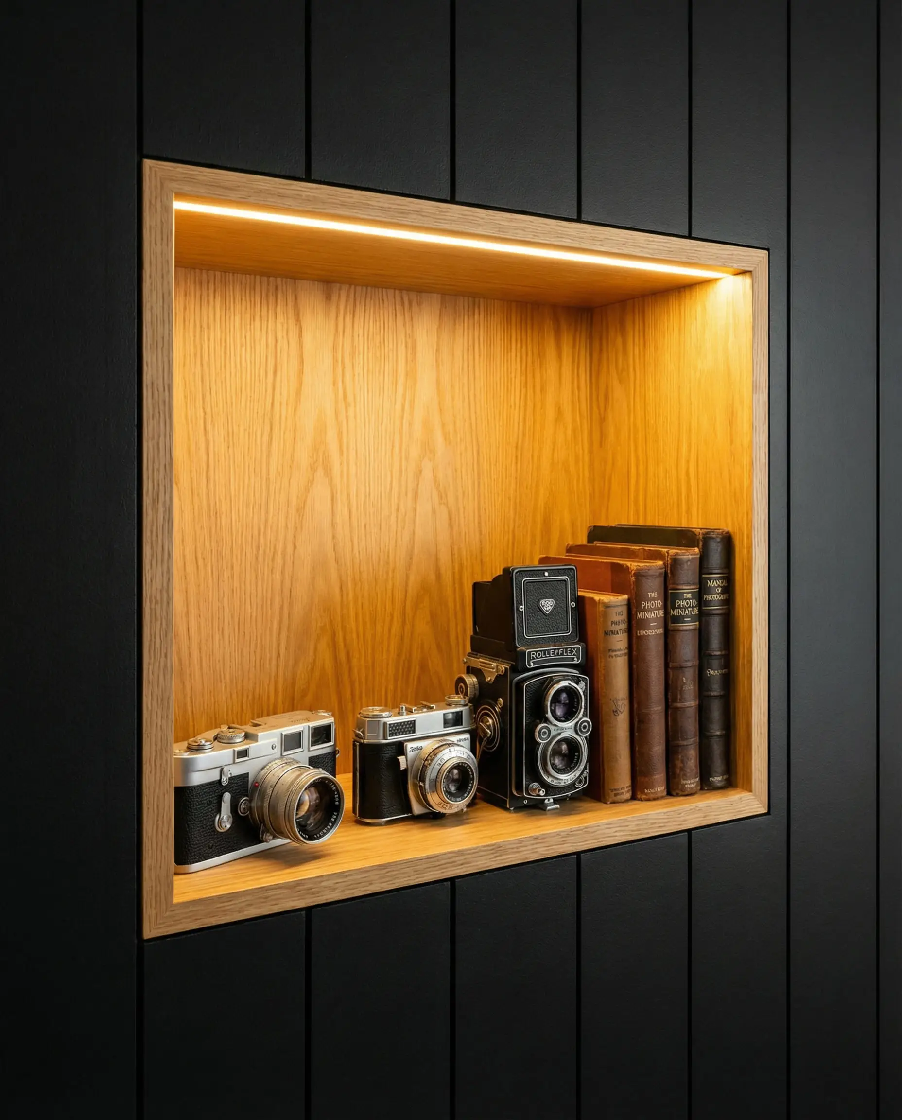 Vertical black shiplap wall featuring a recessed niche lined with warm white oak plywood.