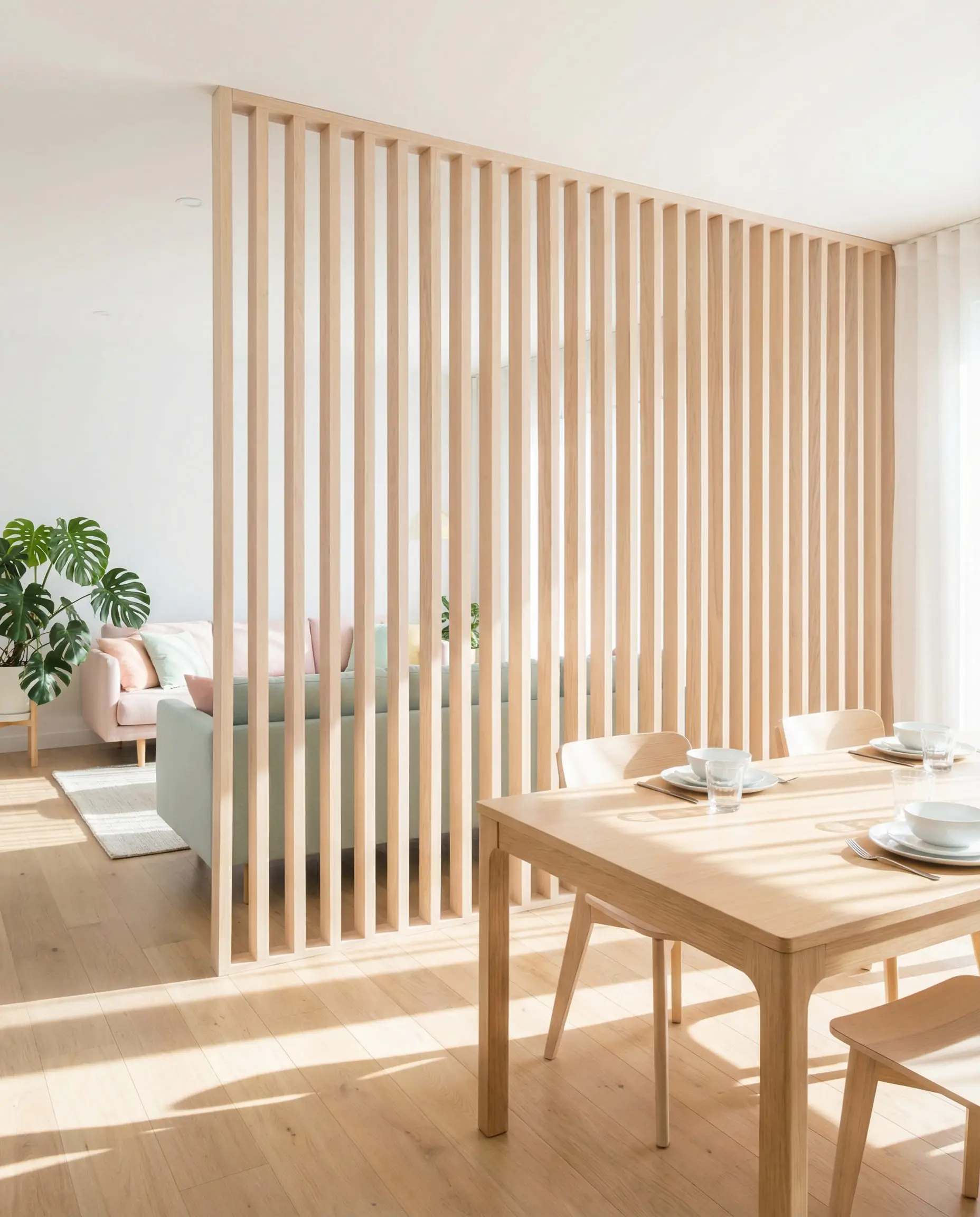 Open concept dining area separated from the living room by a vertical light ash wood slat screen divider that allows light to pass through.