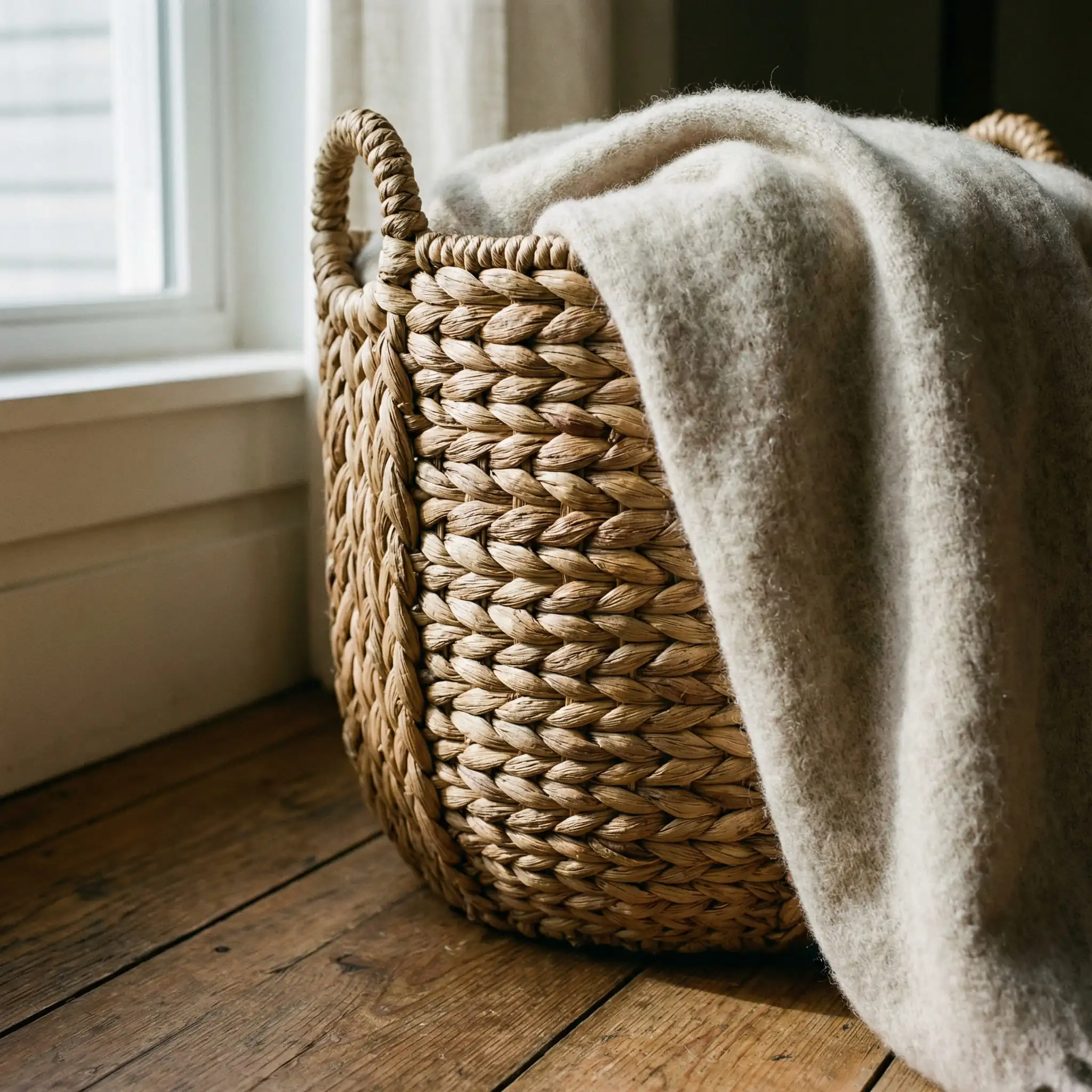 Close up detail of large woven rattan basket with a cashmere throw blanket spilling out.