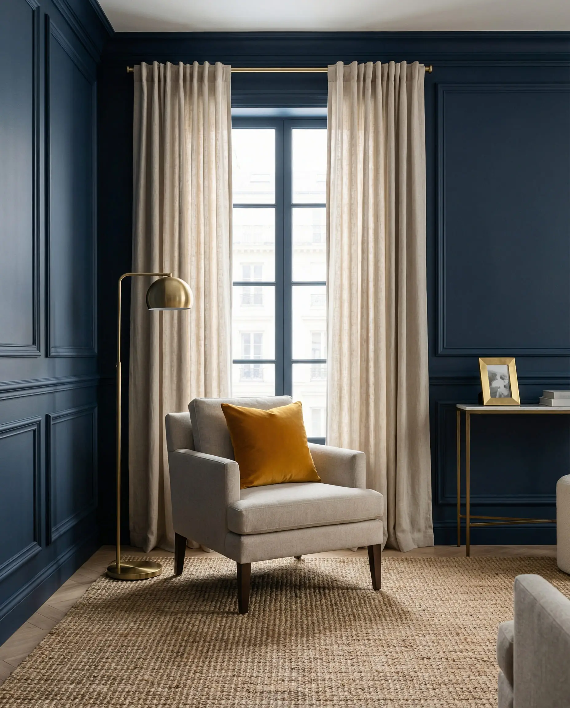 Living room demonstrating the 60-30-10 rule with midnight blue walls, oatmeal curtains, and ochre accents.