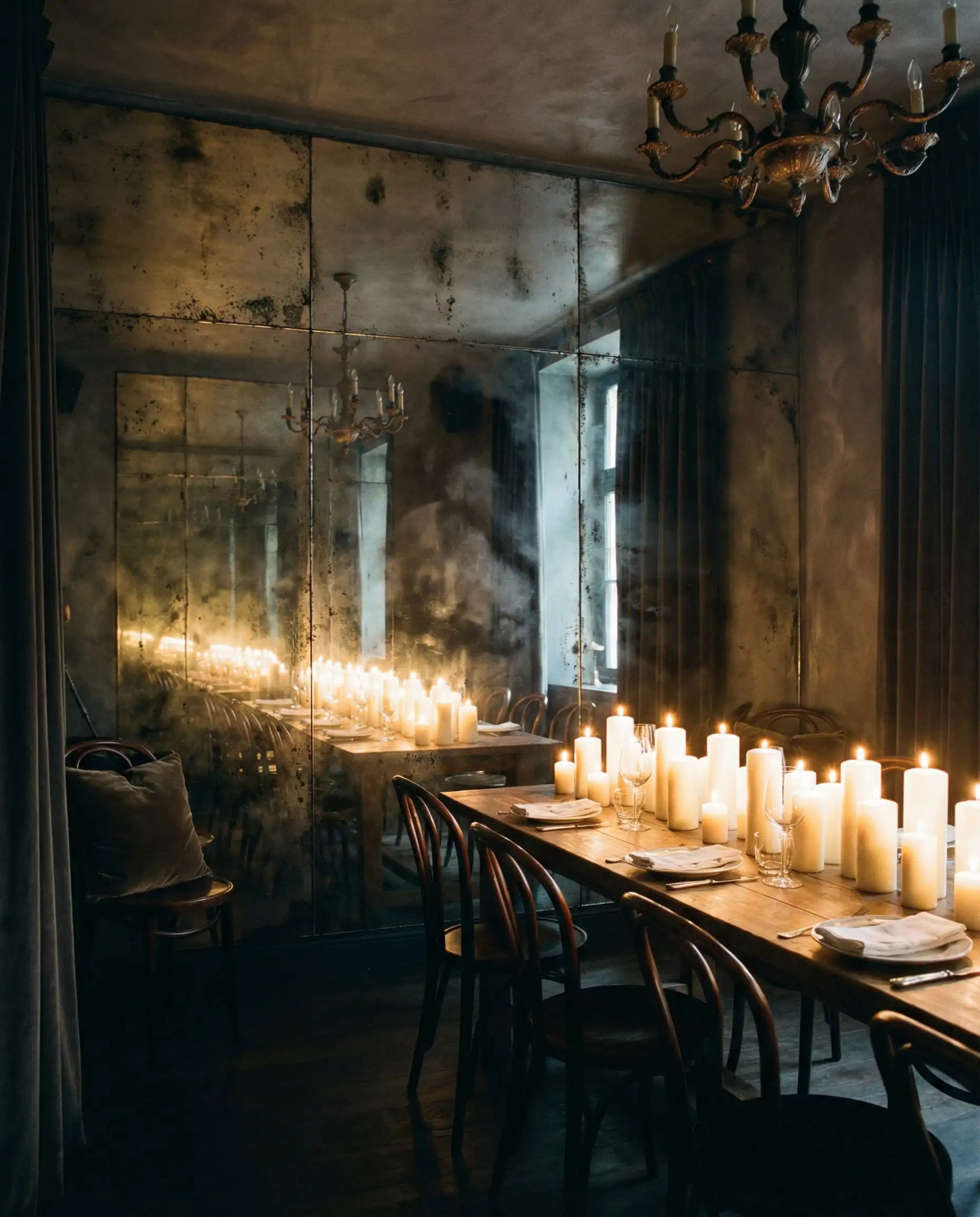 Moody dining room with a feature wall of foxed antiqued mirror panels reflecting pillar candles.