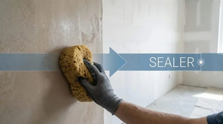 A painter's hand applies a clear, dead-flat matte protective sealer over beautifully textured roman clay colors using a specialized sponge for durability.