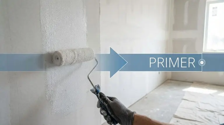 A chronological infographic shows a painter rolling thick white mineral primer onto drywall, the crucial first step for applying textured wall paint.