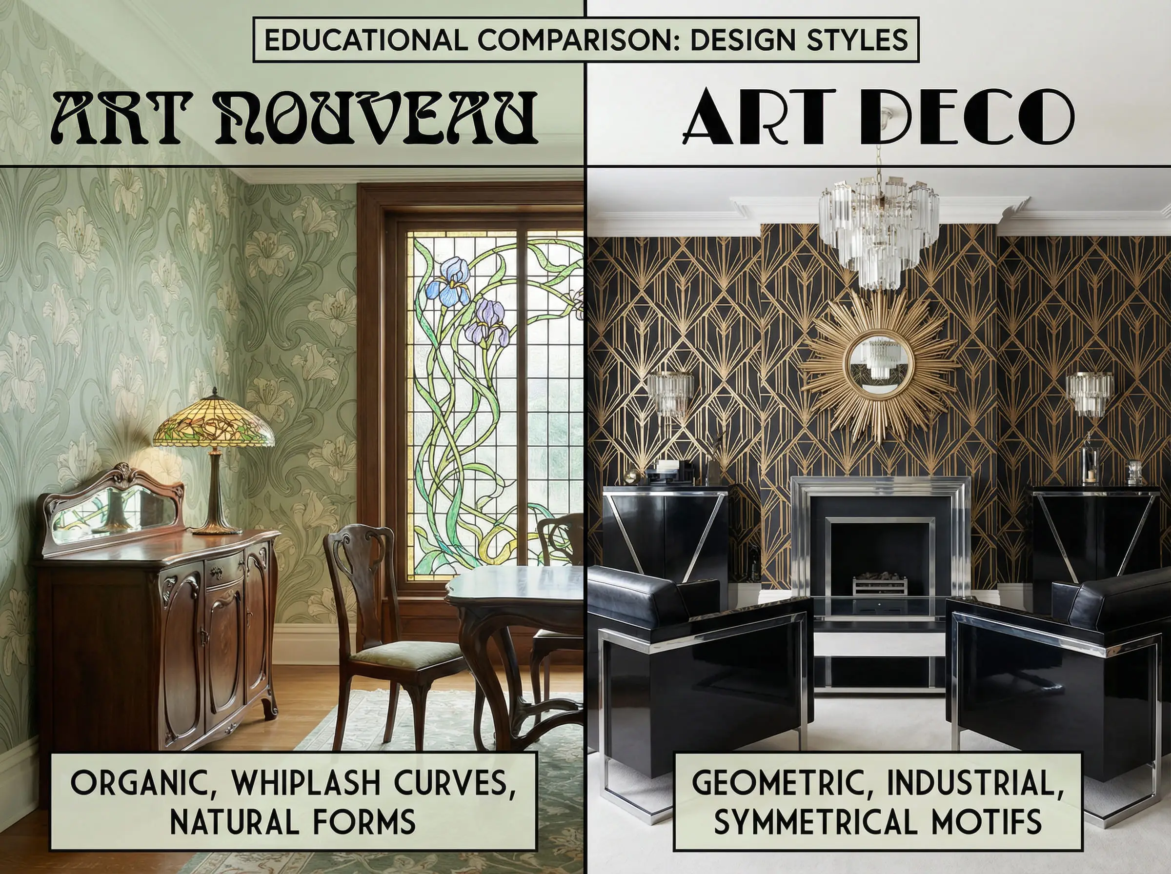 Split image comparing the organic curves of Art Nouveau with the sharp geometric angles of Art Deco.