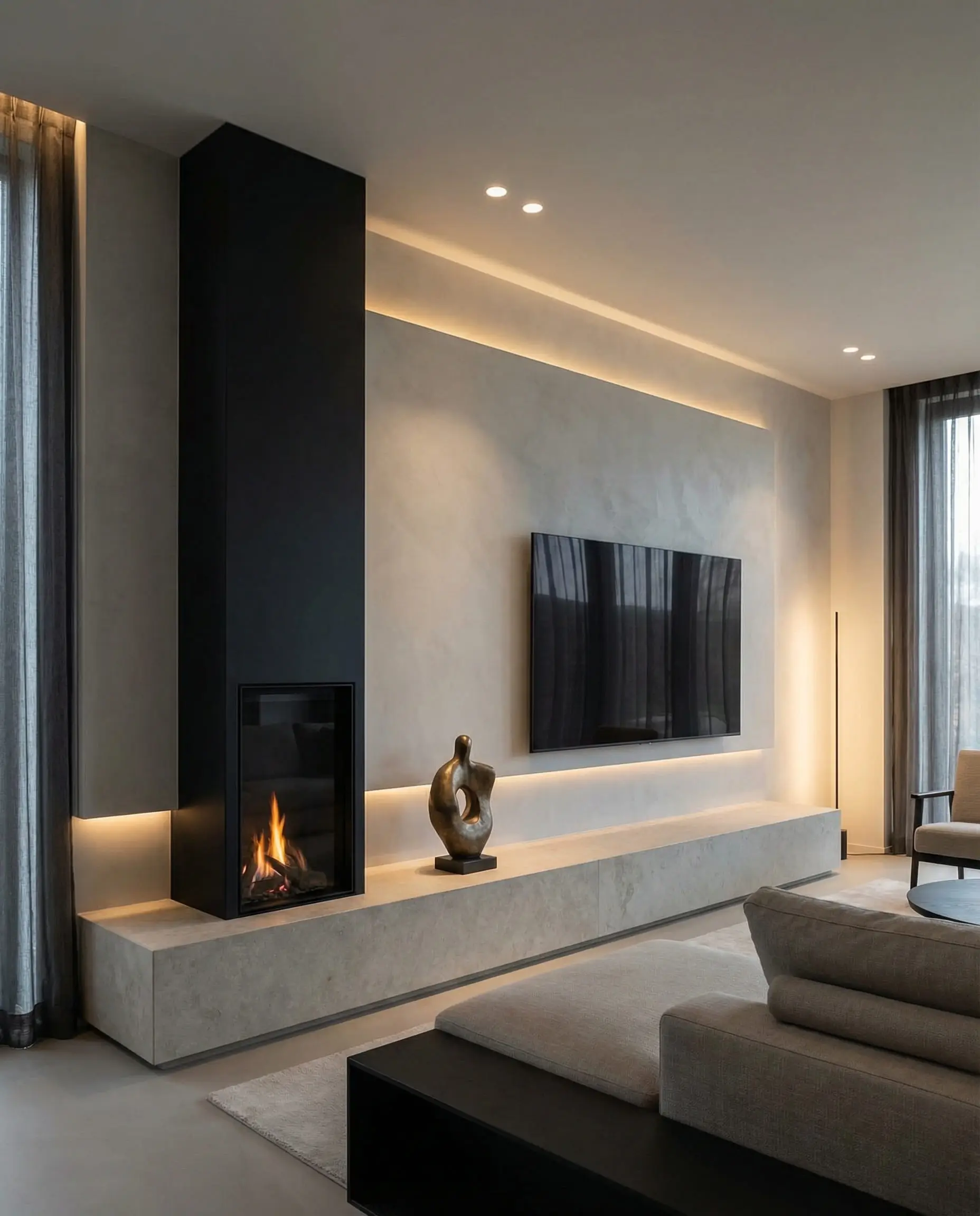 Contemporary living room with an asymmetrical layout featuring a fireplace on the left and a TV over a stone bench on the right.