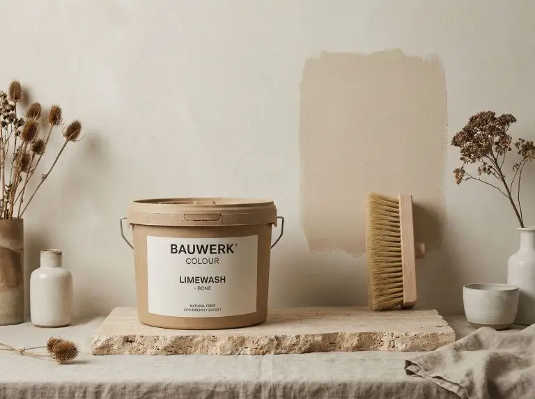 An eco-friendly Bauwerk bucket sits on travertine stone beside a masonry block brush and a warm bone swatch showcasing the best limewash paint colors.