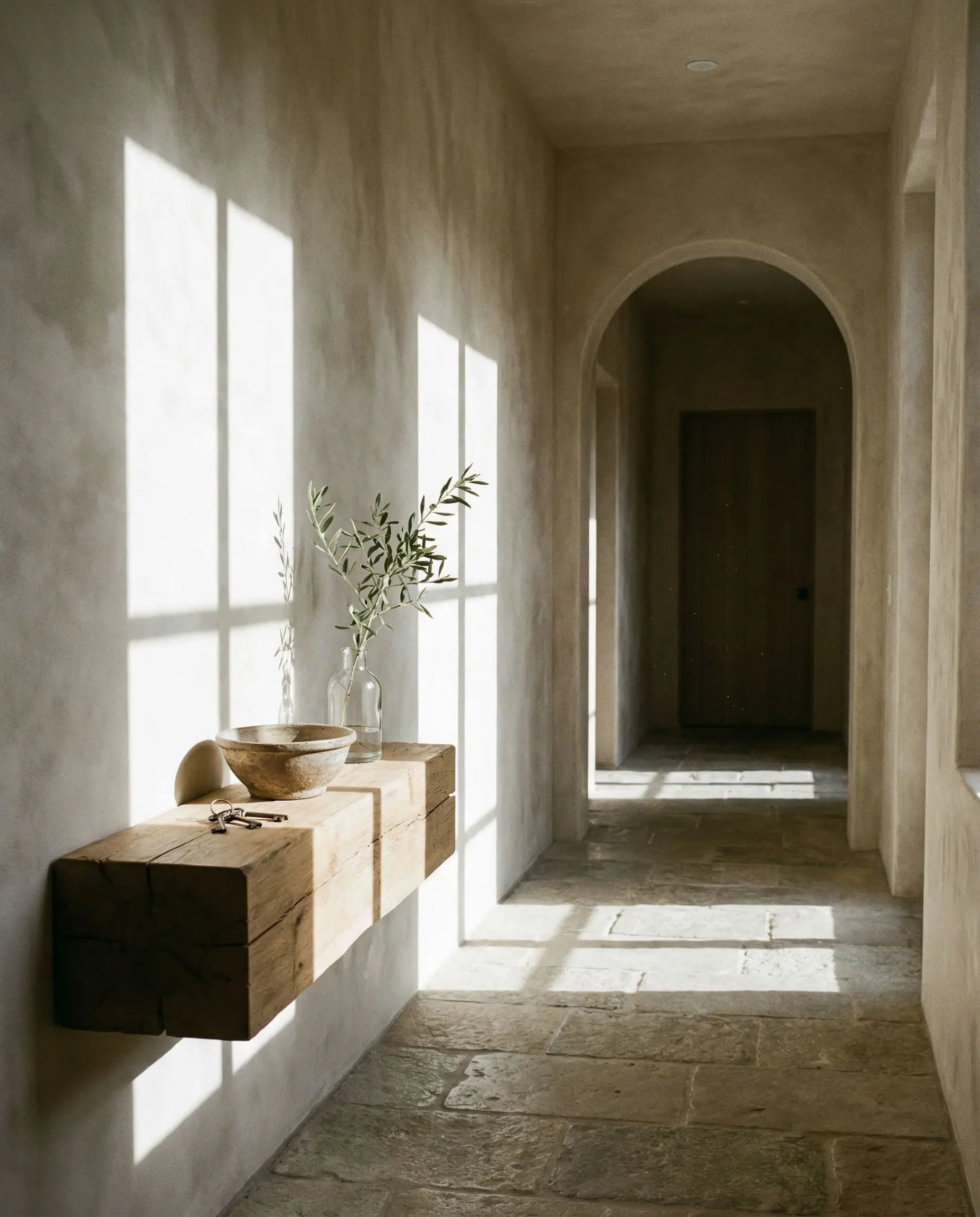 Harsh geometric shadows from midday sunlight highlight dynamic warm neutral beige limewash paint colors in a hallway with a raw oak console table.