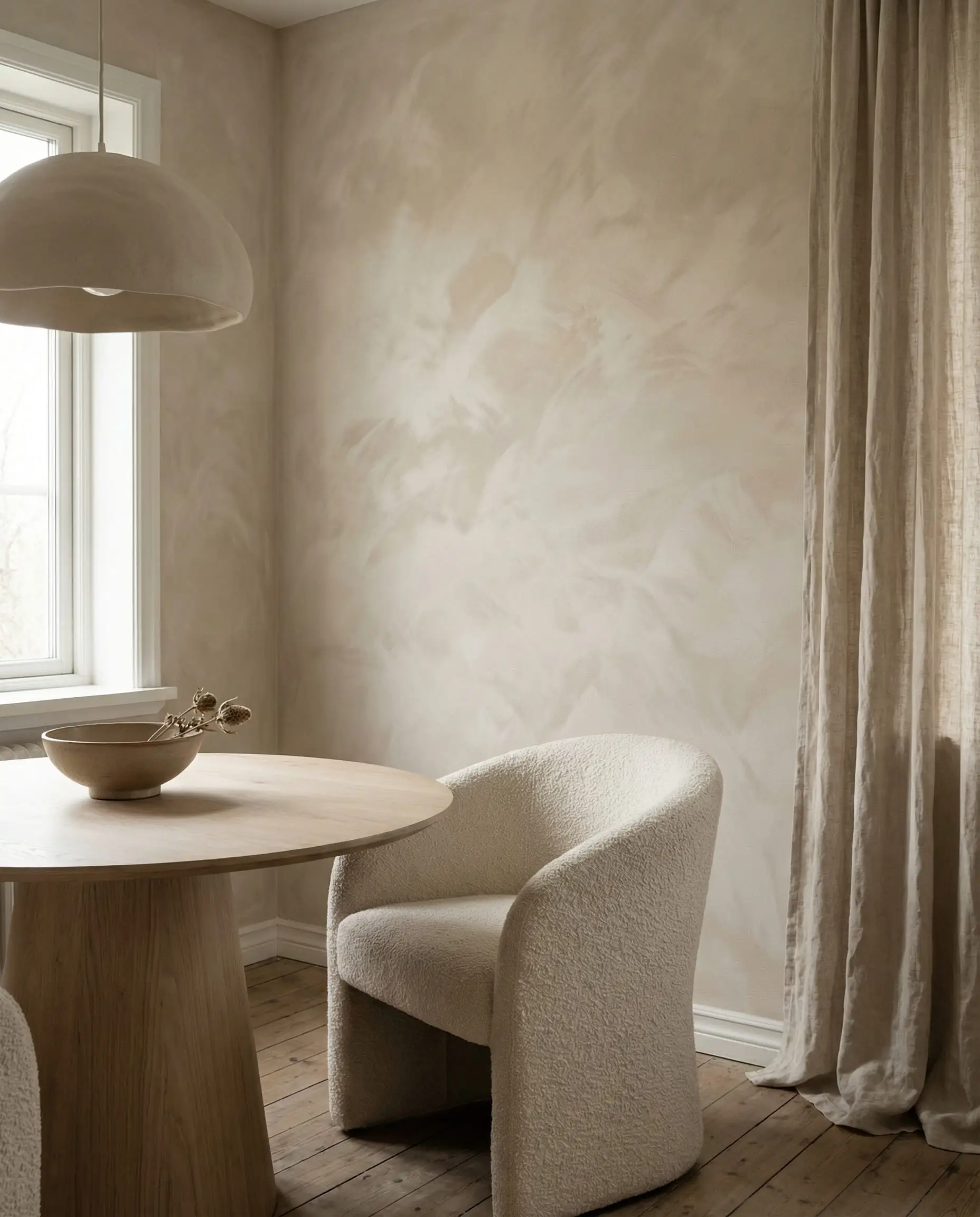 Zen minimalist dining nook with a warm beige limewash wall, round wood table, and bouclé chair in soft diffused light.