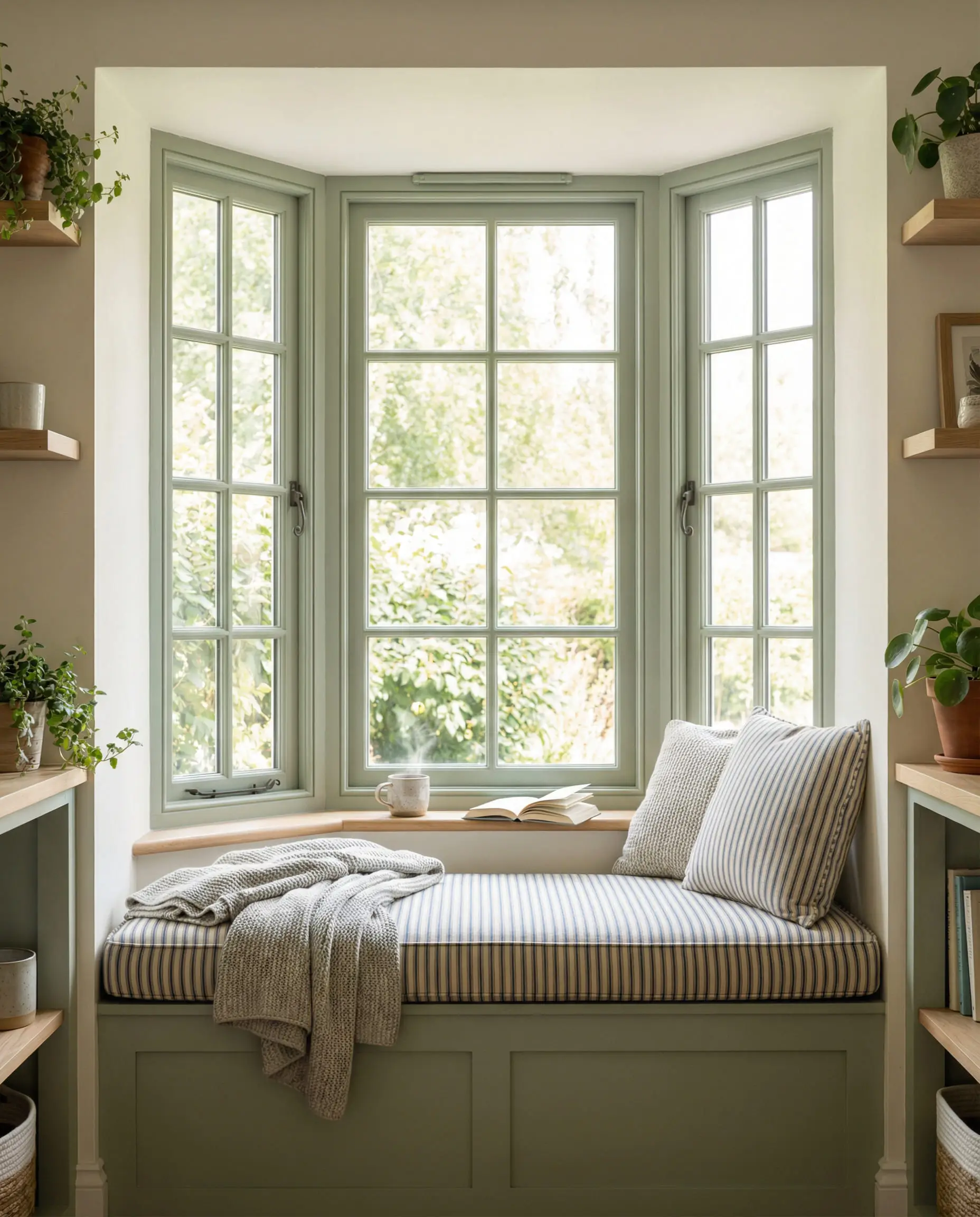 Reading nook with bay window casing painted in Benjamin Moore October Mist sage green.