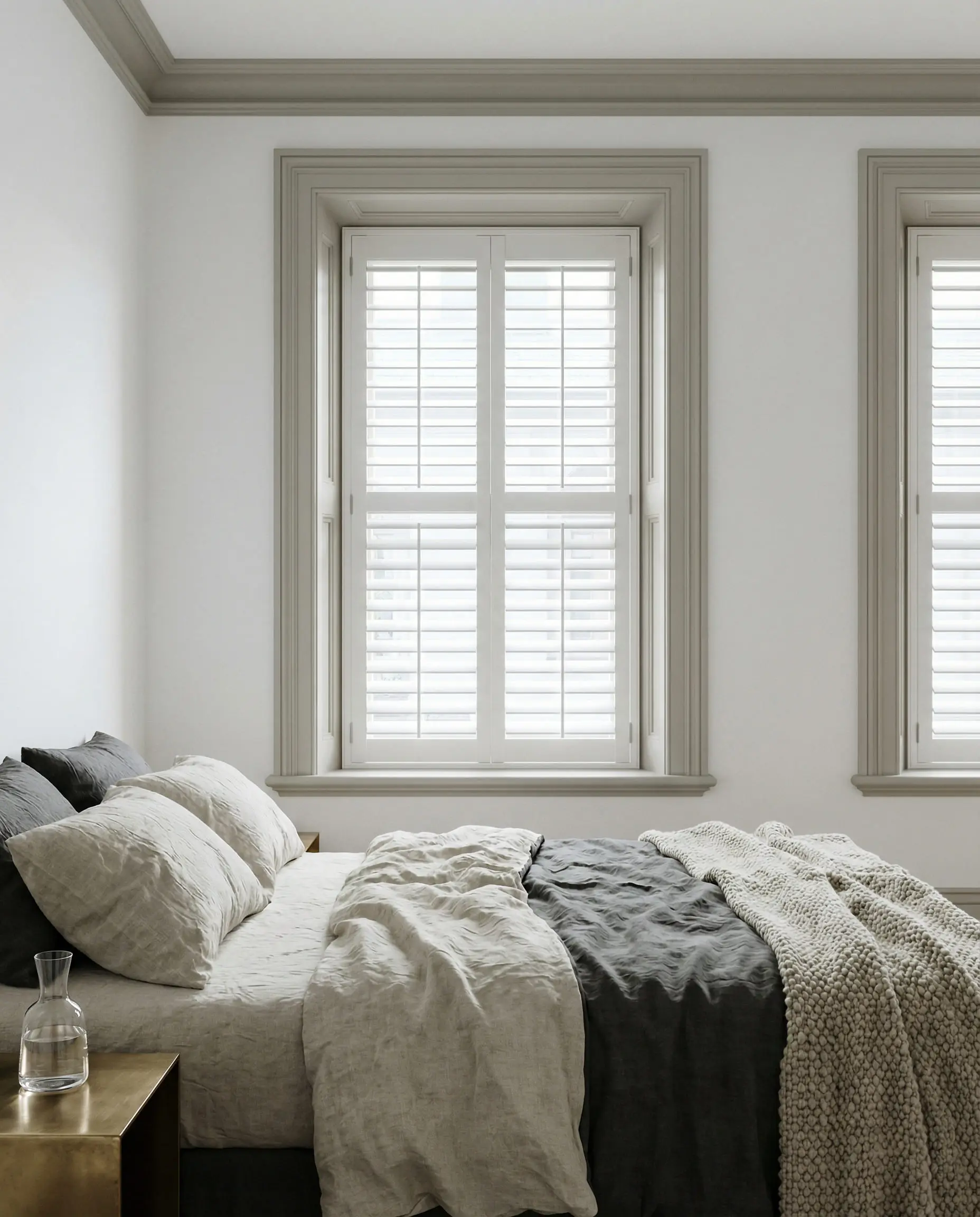 Serene master bedroom with large windows framed in Benjamin Moore Revere Pewter greige trim.