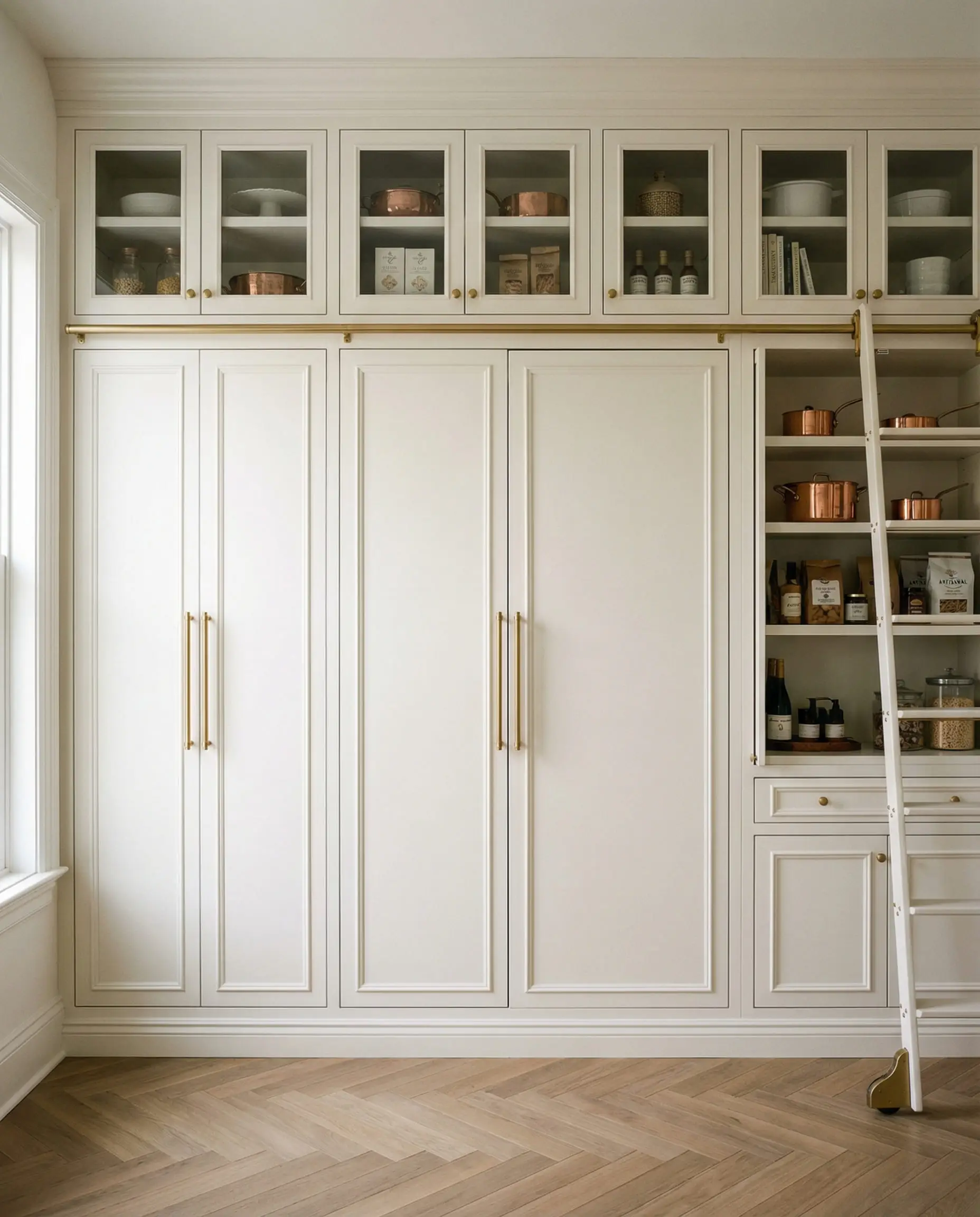 Floor-to-ceiling pantry cabinets painted in Benjamin Moore Swiss Coffee with tall brushed gold pulls.