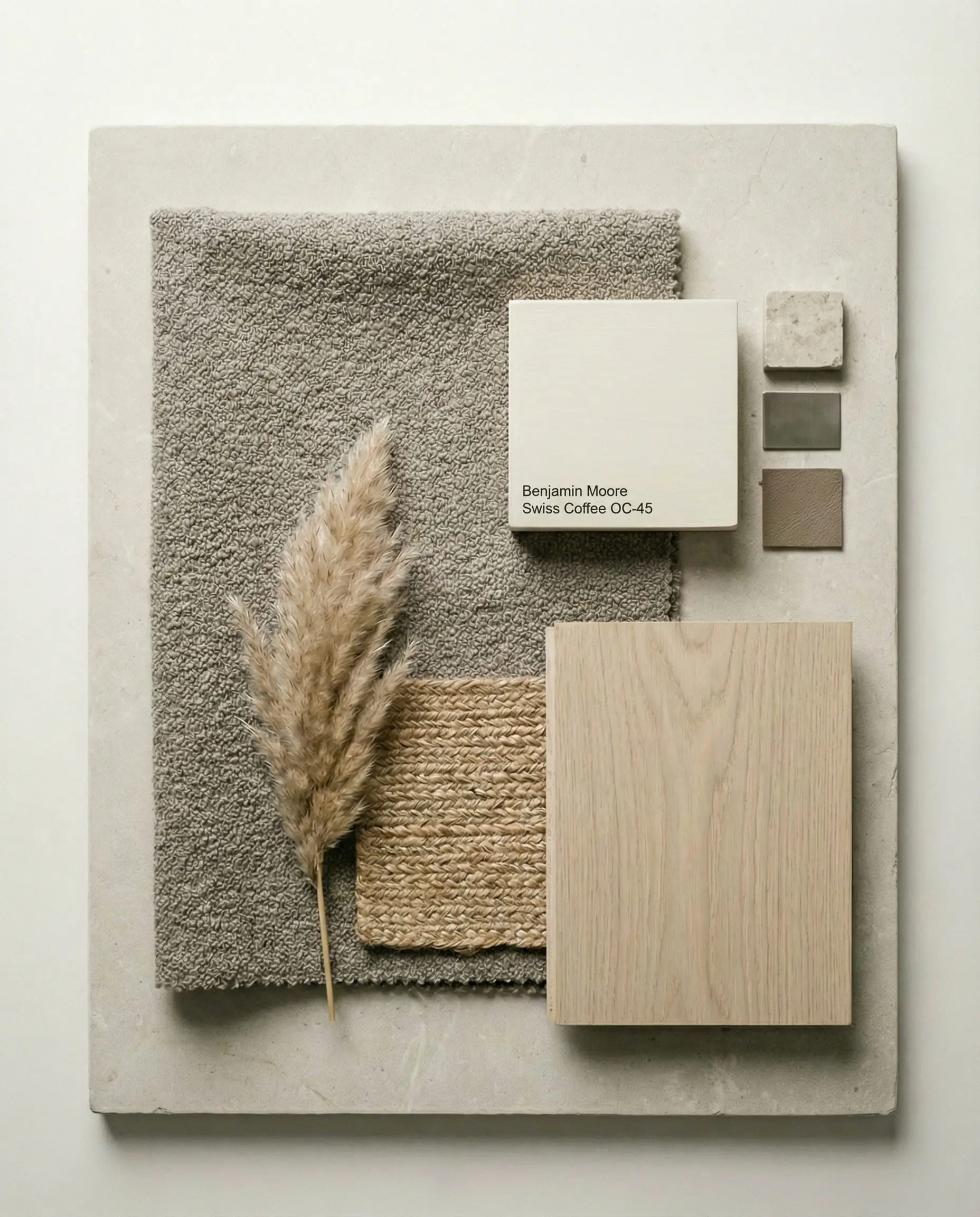 Interior design mood board featuring Benjamin Moore Swiss Coffee paint swatch, textured grey bouclé fabric, and white oak wood flooring sample.