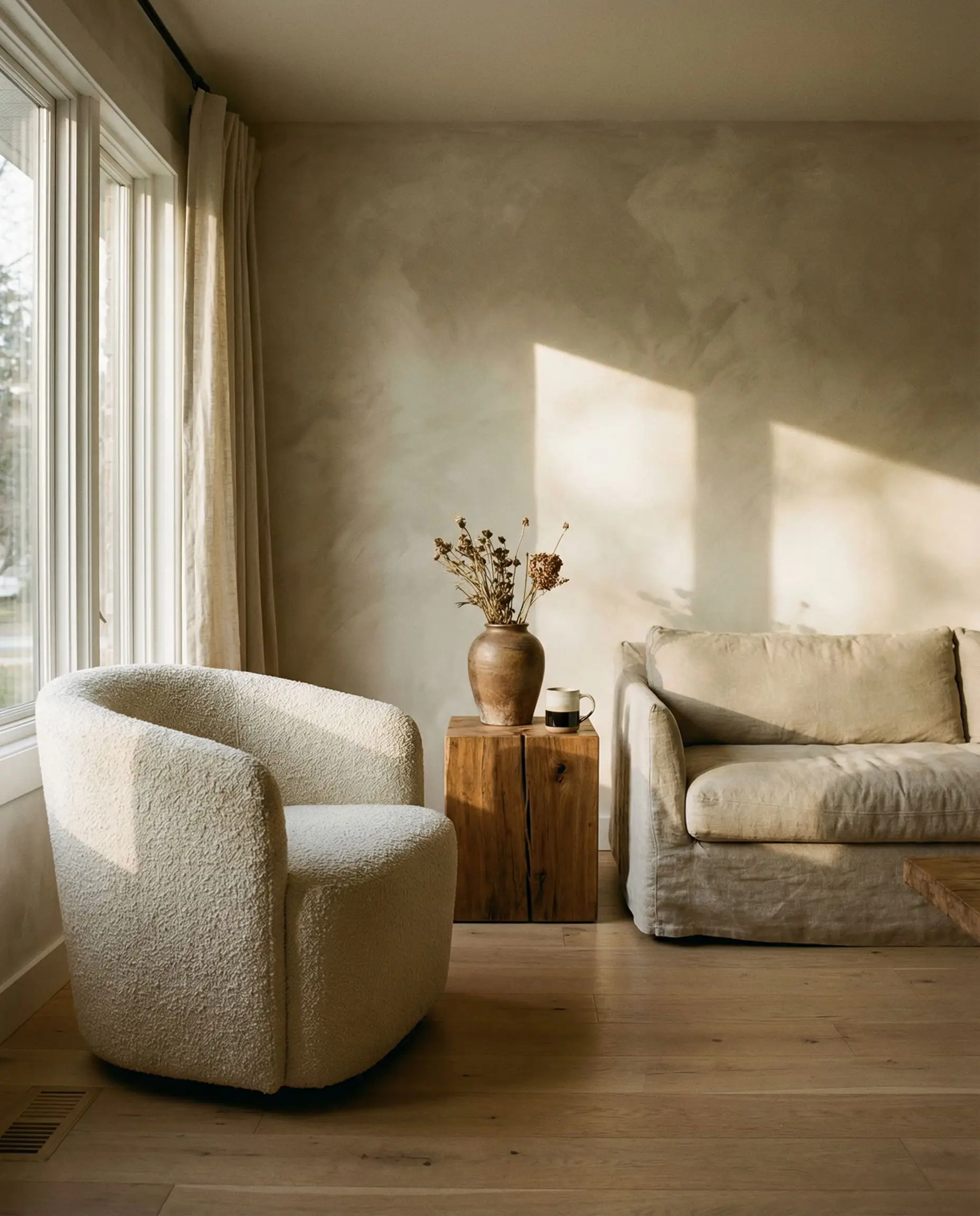 Warm neutral beige limewash paint colors by Bauwerk coat the textured walls of a sunlit living room featuring a boucle armchair and linen sofa.