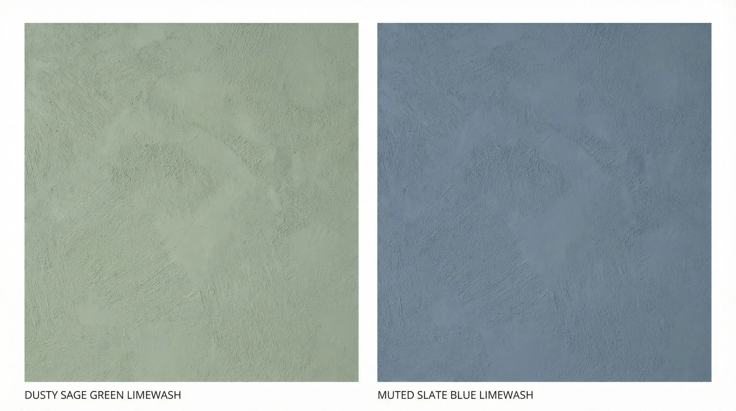 A split-screen graphic compares the best limewash paint colors in moody greens and blues, showing highly textured swatches of sage and slate.