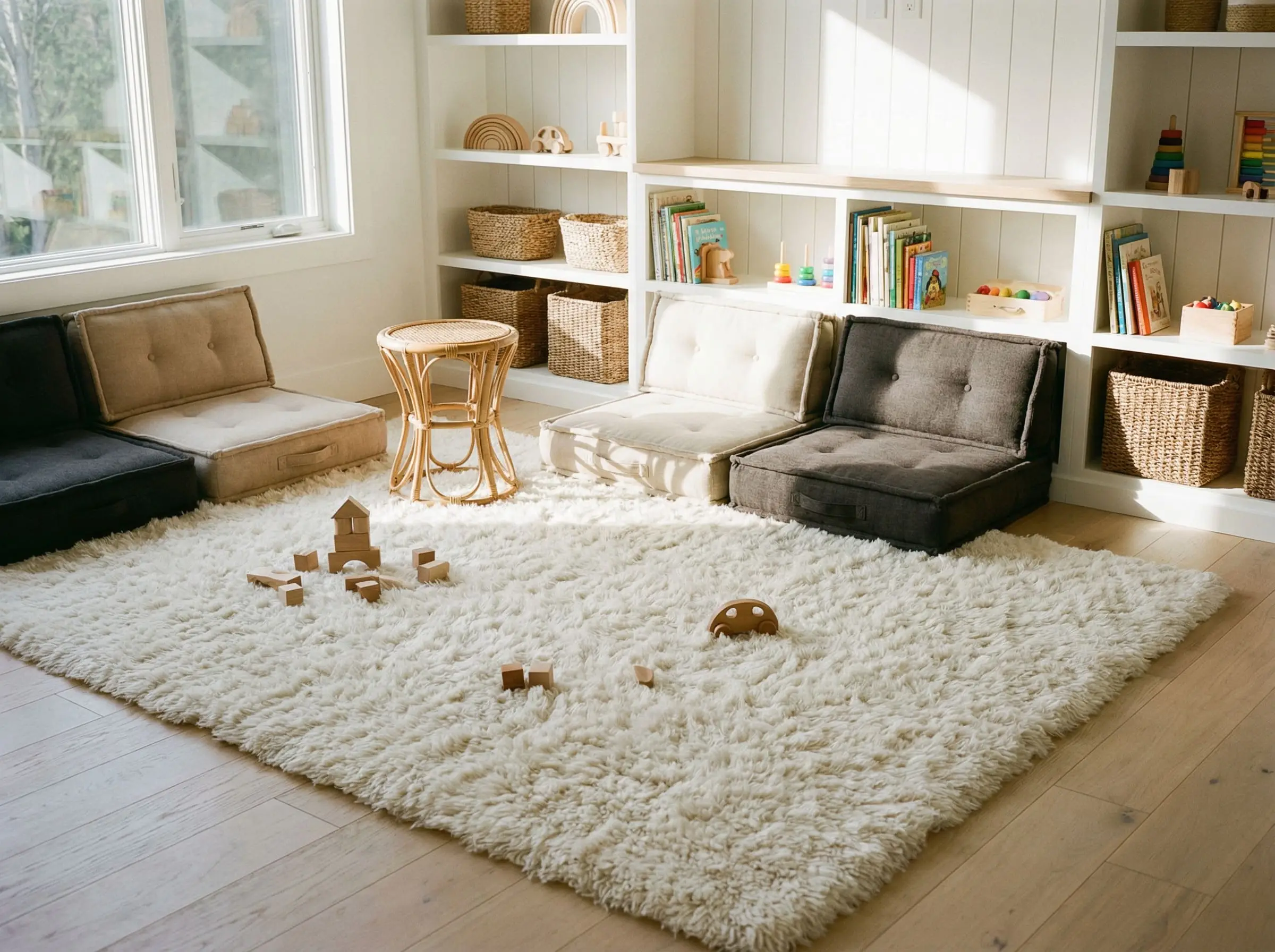 An ultra-plush, cloud-like PET shag rug provides a soft base for modular floor cushions and wooden toys in a bright playroom.